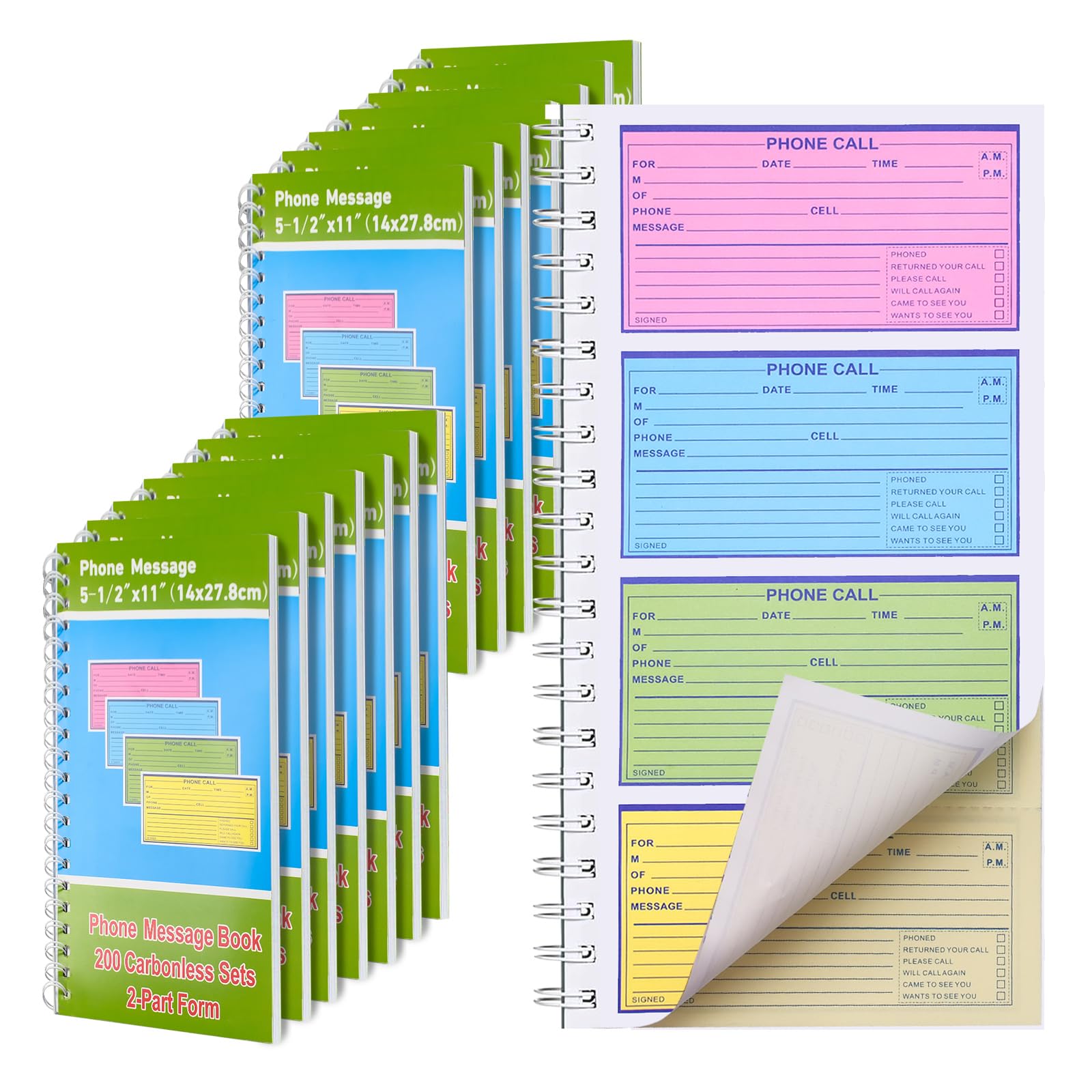 12 Pcs Spiral Bound Phone Message Book for Business Office, 5 1/2" x 11"2 PartTelephone Message Pads with Carbon Copy, Colorful Carbonless Duplicate Call Log Book