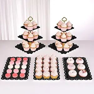 NWK 5 Piece Cake Stand Set with 2 x Large 3-Tier Cupcake Stands, 3 x Appetizer Trays, for Wedding Birthday Baby Shower Tea Party Decorations (Black)