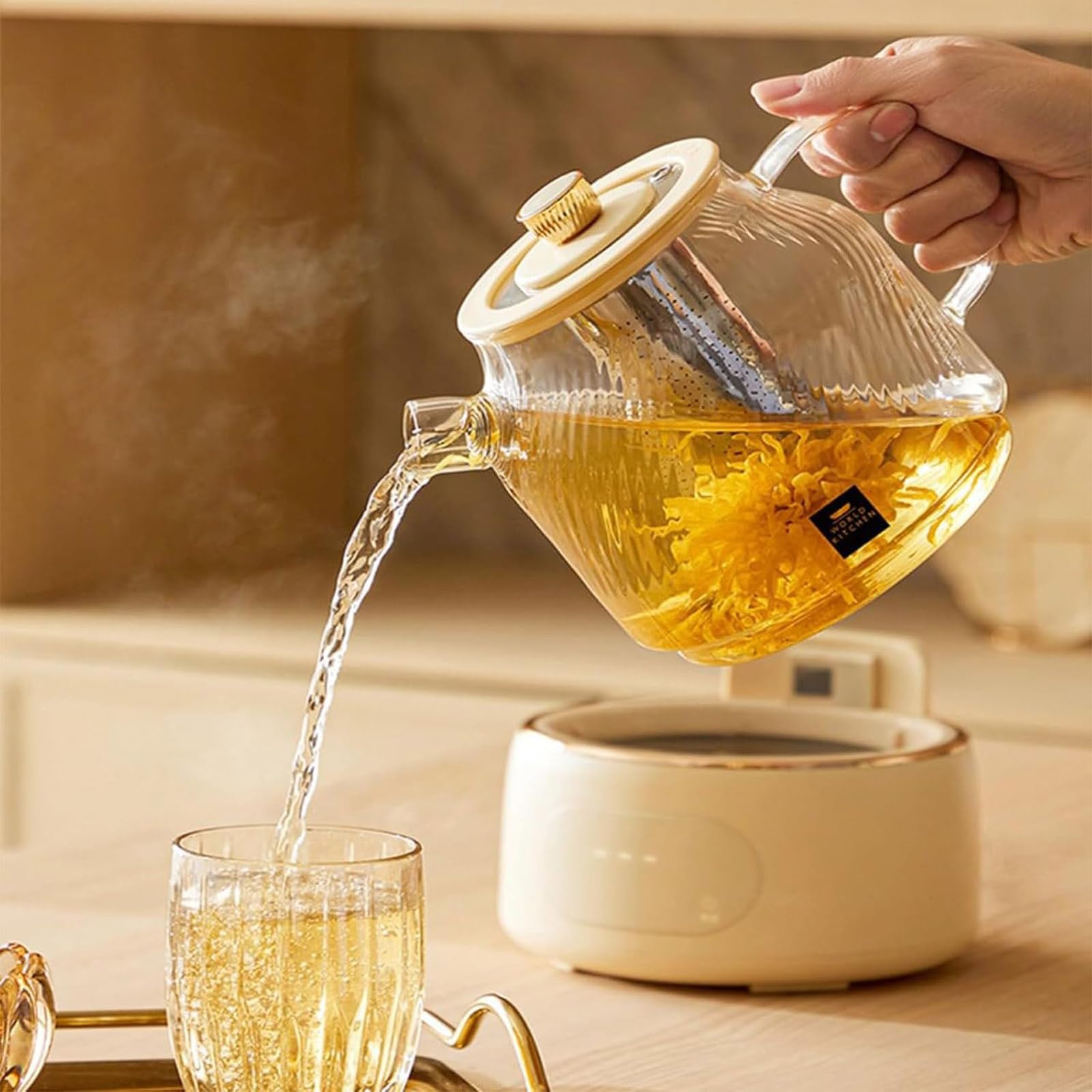 Hervidor eléctrico de Cristal de 1 L, Fabricante automático de té 9 en 1 con Filtro, Tetera Multifuncional de la Salud para el Agua hirviendo, té de la Fruta de la Flor, fácil Limpiar