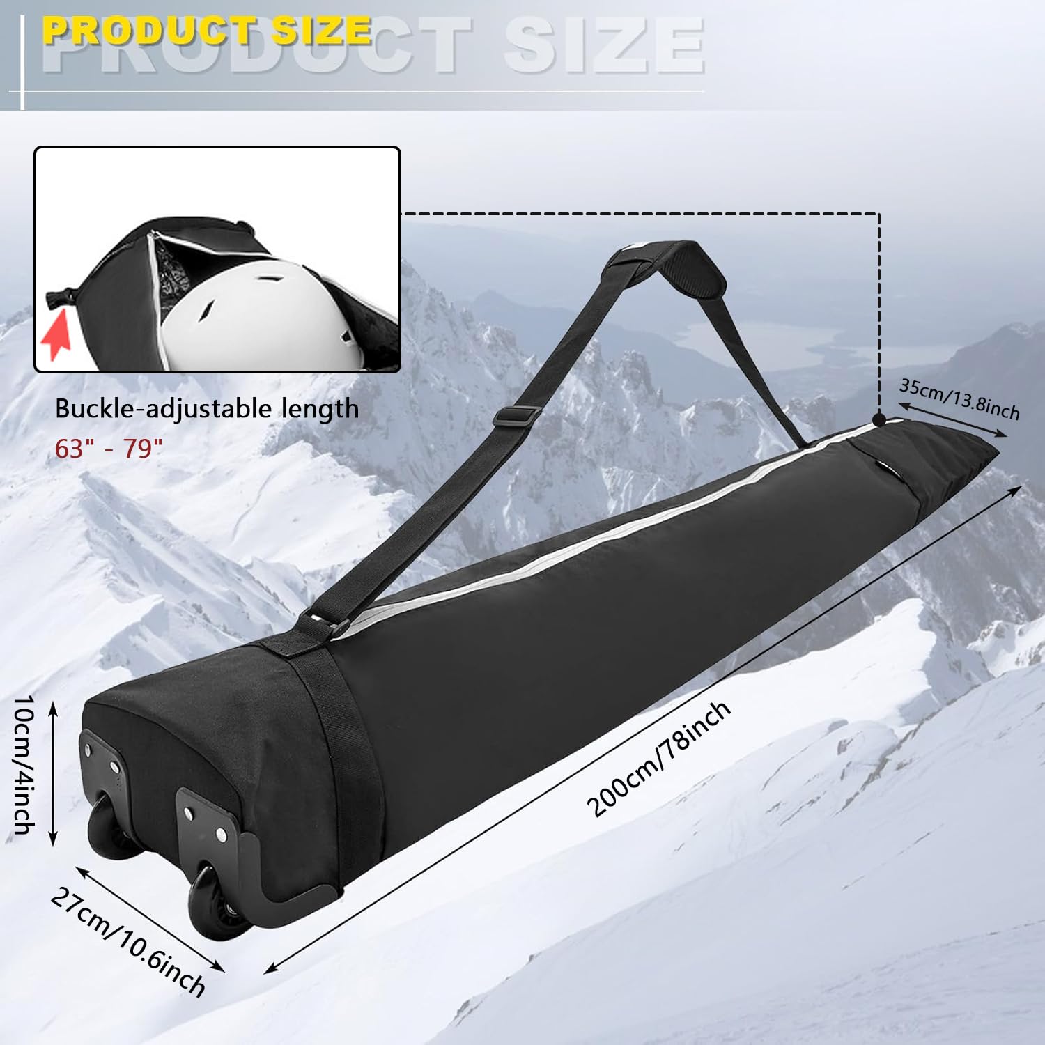 Bolsa de snowboard con ruedas, bolsa de almacenamiento impermeable para equipo de esquí, longitud ajustable bolsa de esquí (63-79 pulgadas), bolsa de esquí plegable para tabla, botas, ropa