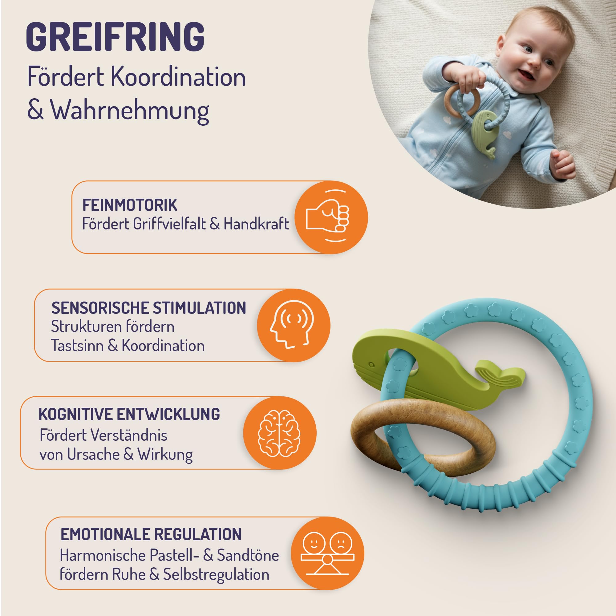 STRAUB Baby Spielset – Pädagogisch entwickeltes Lernspielzeug-Set – Beißring, Greifring, Greiffigur & Stapelturm – Baby-Spielzeug, Babyzubehör zur Förderung von Sensorik, Feinmotorik & Wahrnehmung