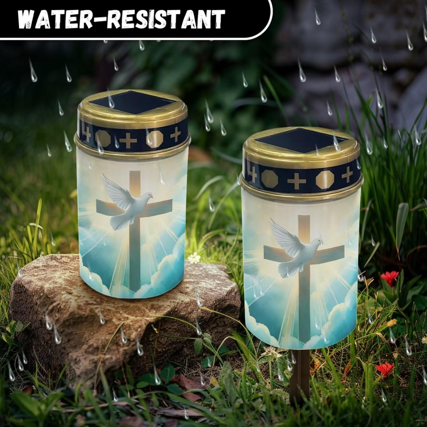 Poceacles Cemetery Candle Grave Lights Outdoor Waterproof Decoration Pathway Lights Garden Solar Candle for Garden Lawn Decor, 2 Pieces, Dove of Peace Cross Cloud Print