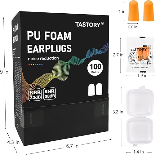 Miniatura 7 de TASTORY Tapones para los oídos de espuma, 100 pares de tapones desechables de 38 dB para los oídos con reducción de ruido a granel, protección