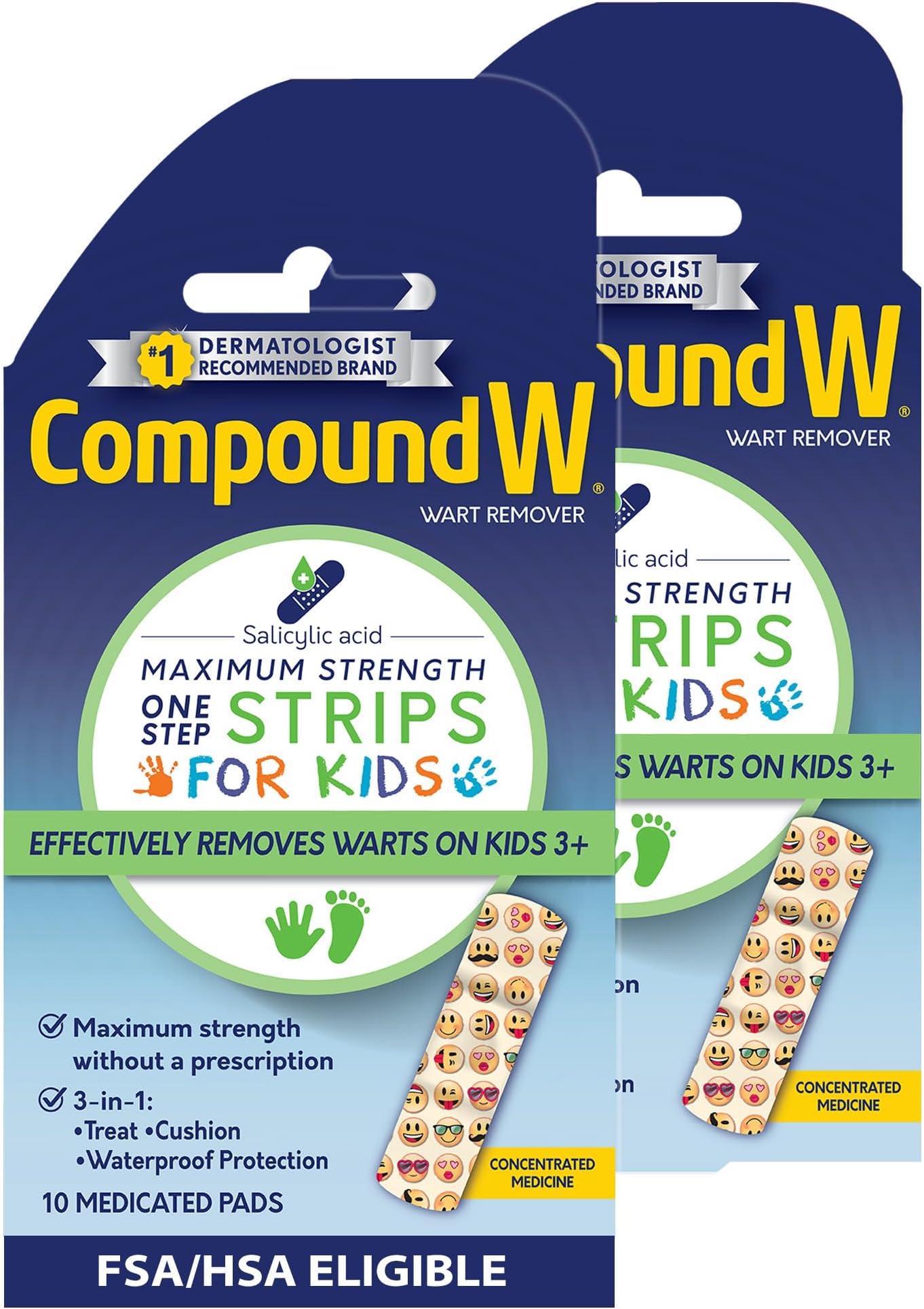 Compound W One Step Wart Remover Strips for Kids, 10 Medicated Strips for Wart Removal, 2 Pack