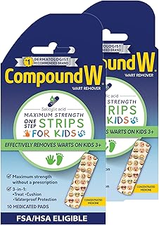 Compound W One Step Wart Remover Strips for Kids, 10 Medicated Strips for Wart Removal, 2 Pack