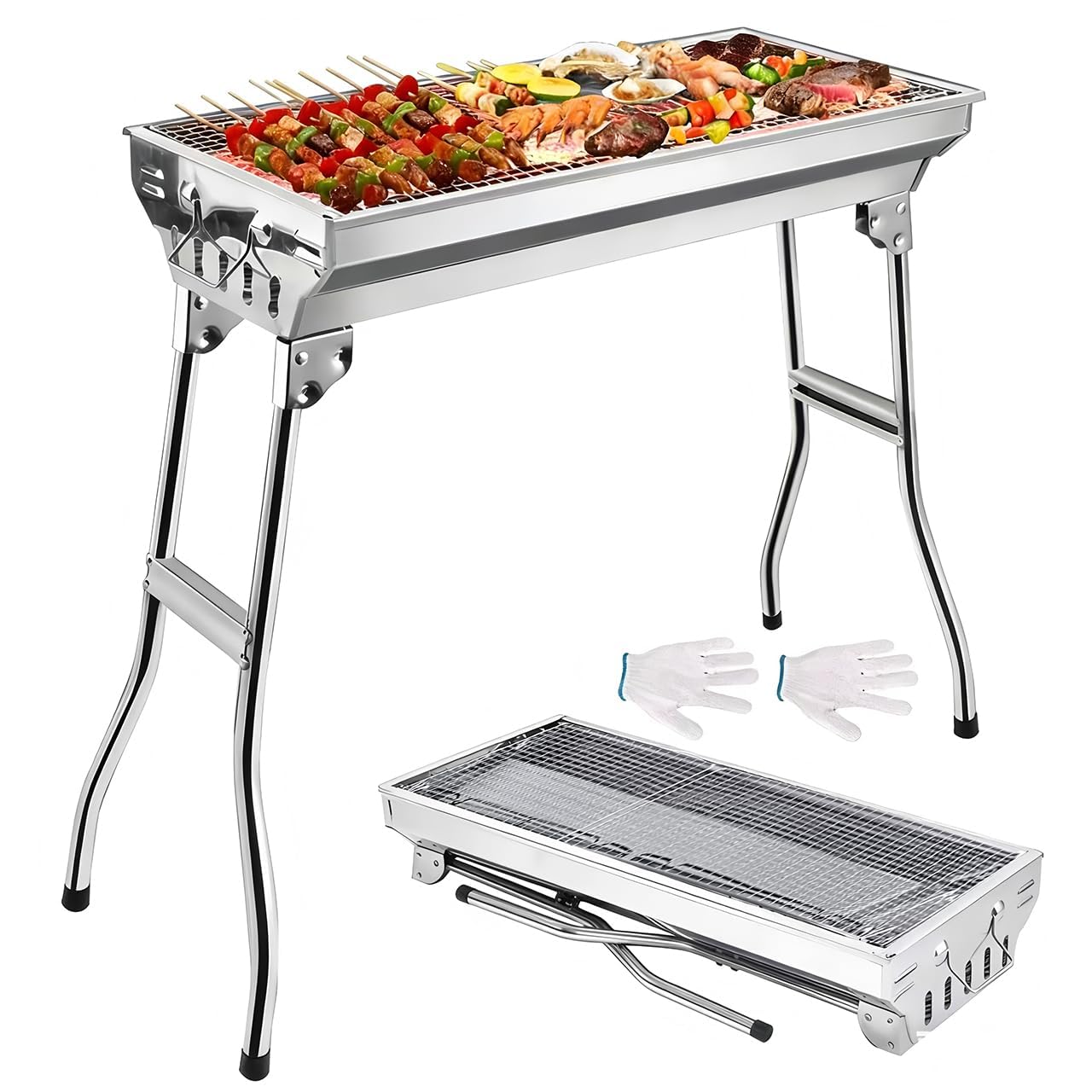 Przenośny składany stojak do grillowania ze stali nierdzewnej, 95 x 29 x 71 cm, duży, lekki grill węglowy, z rękawiczkami, na kemping, plażę, imprezę i do ogrodu na świeżym powietrzu