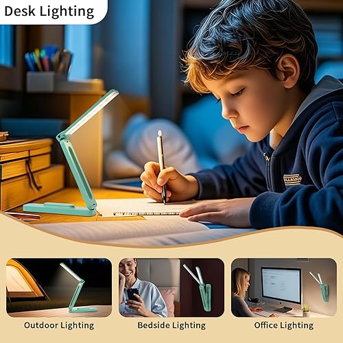 Miniatura 7 de Lámpara de escritorio LED plegable y ajustable, luz de libro portátil de doble cabezal con atenuación continua y 3 modos de color para mesita de