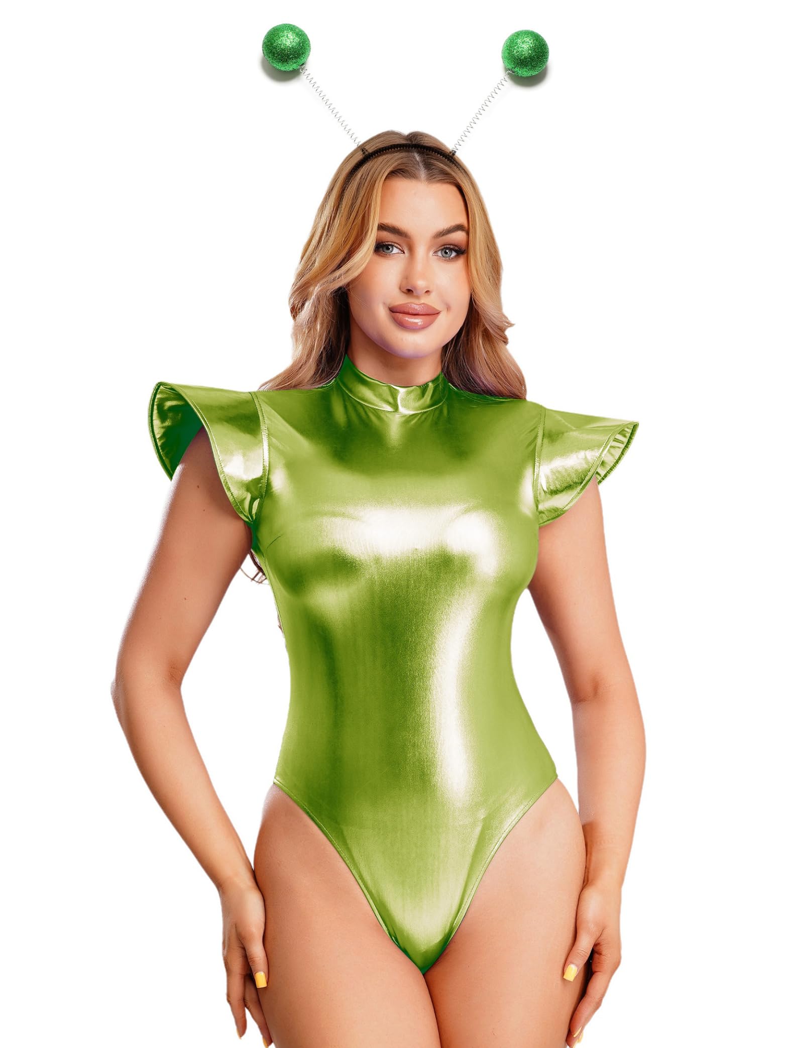 Miaeowve Women Space Alien Robot Cosplay Costume Metallic Shiny Bodysuit Fly Sleeve Jumpsuit With Headwear Fluorescent Green S