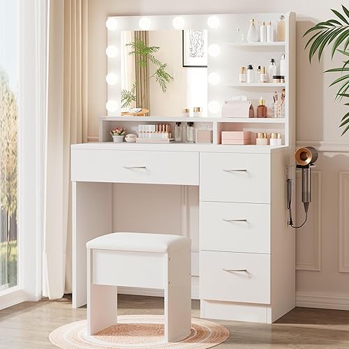 Miniatura 12 de Escritorio de tocador de maquillaje con espejo LED inteligente y estación de carga, juego de mesa de tocador blanca de 35.4 pulgadas con taburete