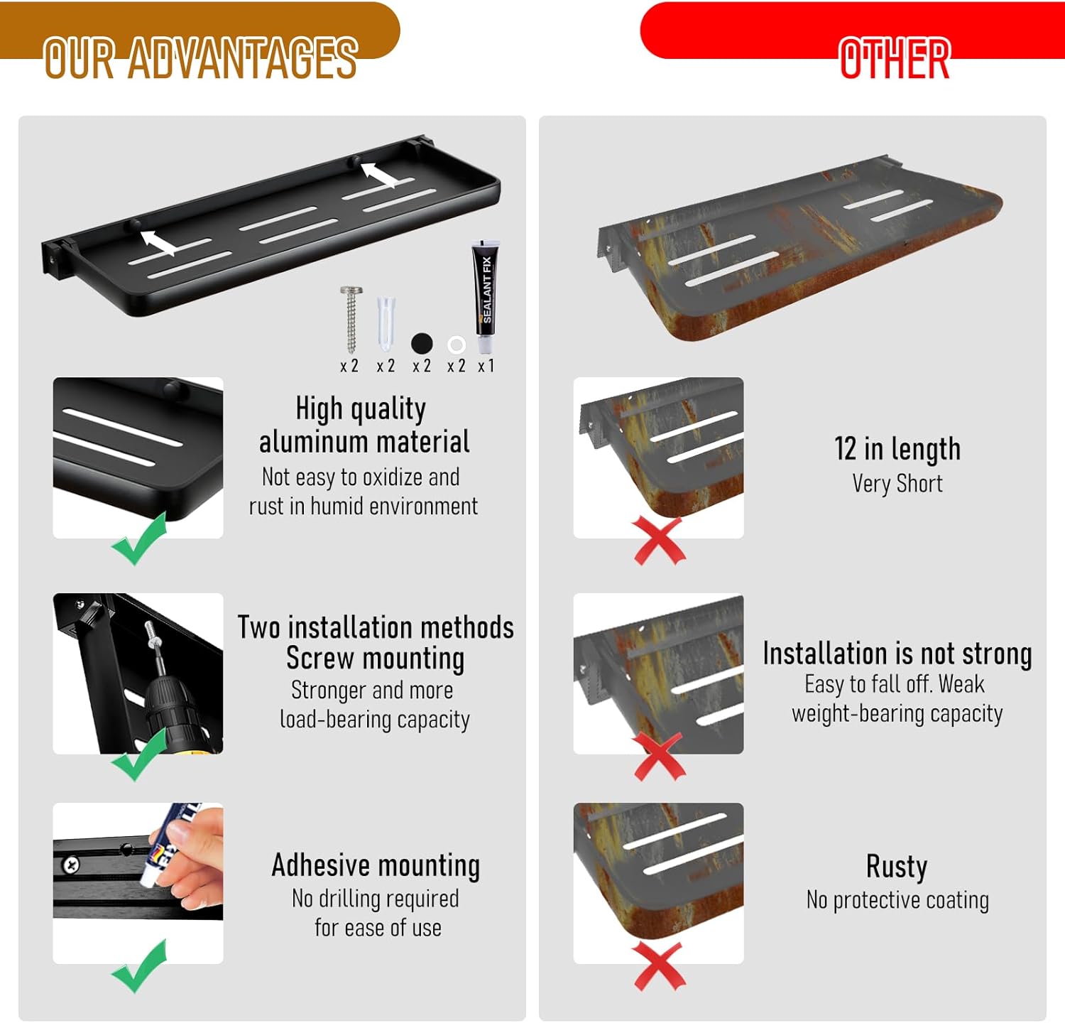 Small Folding Wall Shelf - Waterproof and Rust-Proof 90° fold Down - Easy Installation Folding Metal Shelf, Ideal for RV, Laundry, Toilet, Kitchen and Sofa (Black 2PCS, 15.75inch)