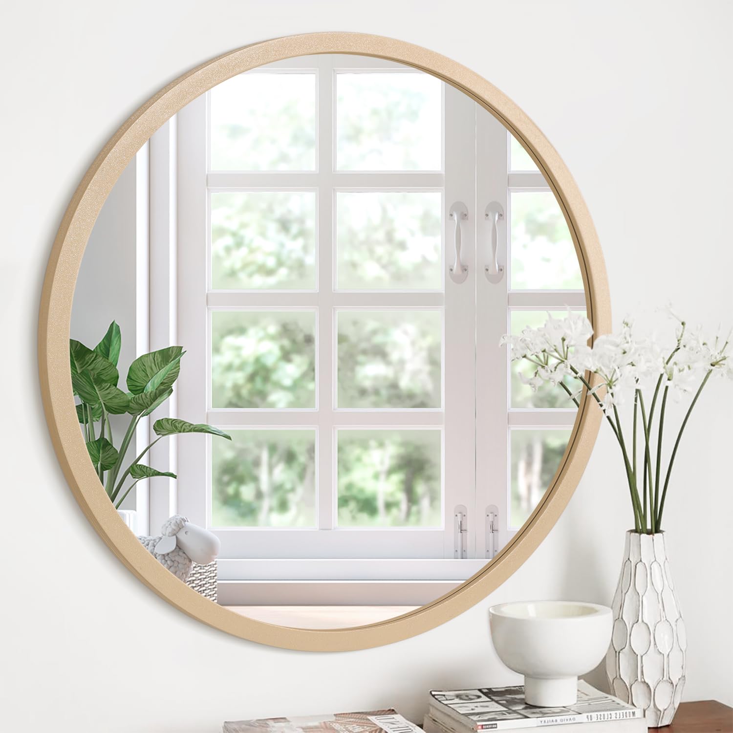 JJUUYOU Wall Mounted Round Mirror Circle Mirror 50CM Wood Frame Circular Mirrors for Wall Makeup Bathroom Bedroom Living Room Entryway Gold