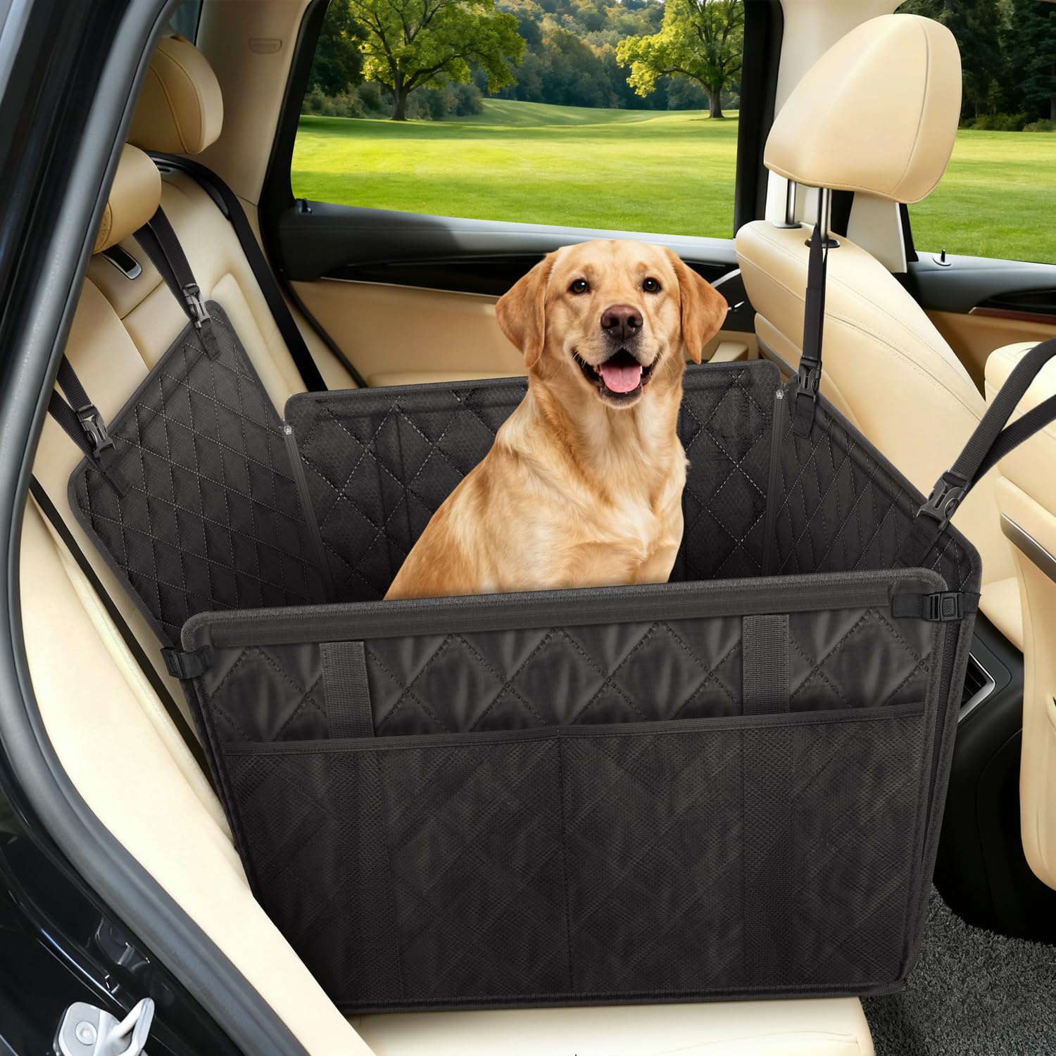 Dog Back Car Seat, Protective Cover Seat Approved Folding Waterproof Travel Cover for Small Medium Large Pet with Safety Belt, Black