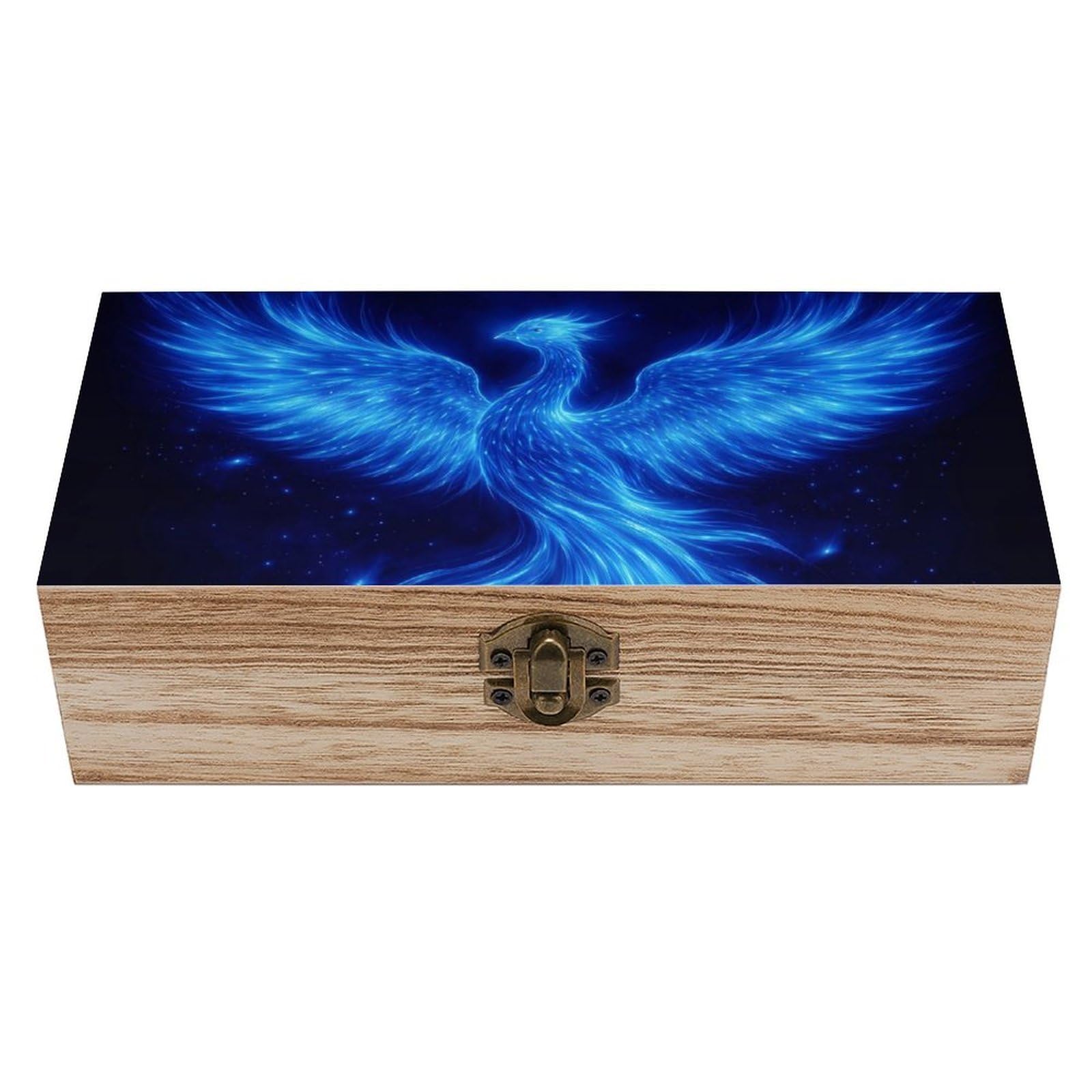 SMAZDFXX Blue Fire Flame Bird Black Wooden Storage Box With Hinged Lid Decorative Front Clasp Keepsake Boxes