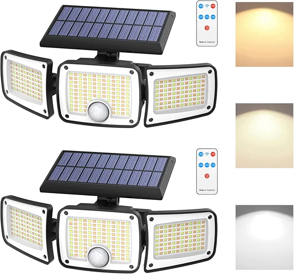 Solar Flood Lights Outdoor, 3 Color Temperature 280 LED 3000LM Solar Motion Sensor Lights Outdoor, IP65 Waterproof 3000mah 3 Heads Wall Security Light, 270° Wide Angle, Garage, Pool, Garden, 2 Pack