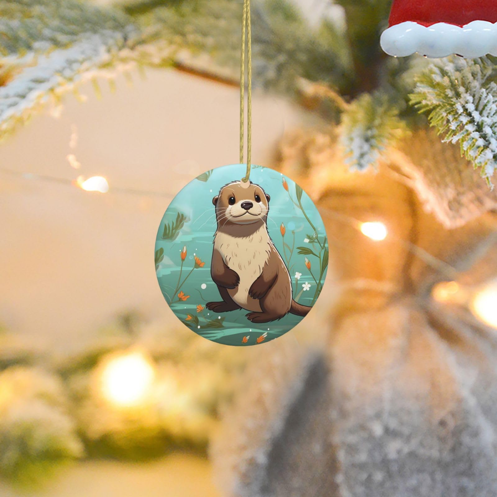 Christmas Ornaments for Christmas Tree Decoration Ceramic Hanging Cartoon Cute Otter Ornament with Gold Ribbon Crafts Round Pendant for Keepsake Gifts Glass Xmas Decor Party Supplies