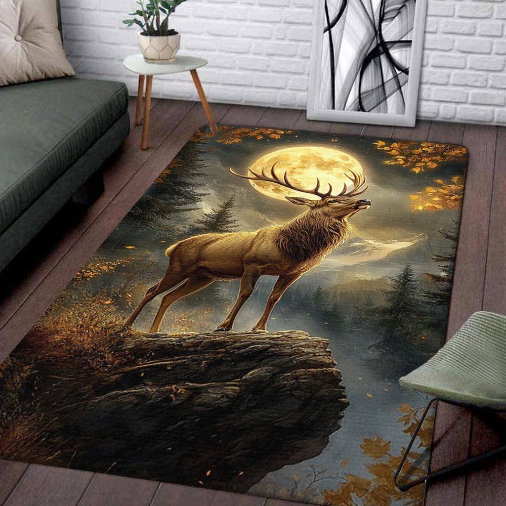 Custom Deer Hunting Rug, Wildlife Moutain Forest Deers Runner Rug, Camo Carpet Area Rug Ultra Soft for Boys Room Decor Living Room Farmhouse Mat for Entryway Indoor Outdoor (DEER-DS01)