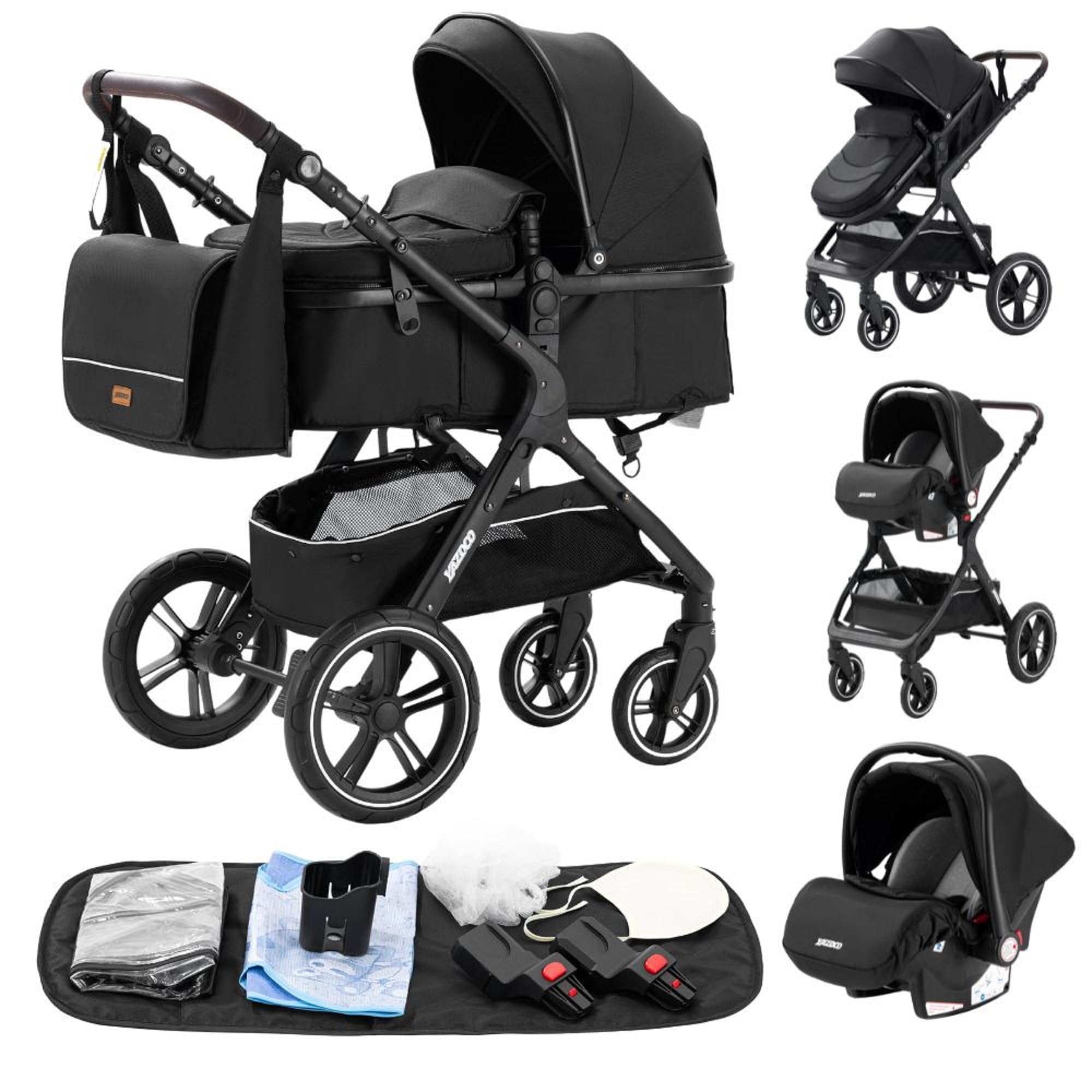GLOKID Kinderwagen 3 in 1 Komplettset bis 22 kg, Höhenverstellbarer, Babyschale 40-75 cm, verstellbare Liegeposition, zusammenklappbar, Wickeltasche, Moskitonetz und Adapter (X1 Schwarz)
