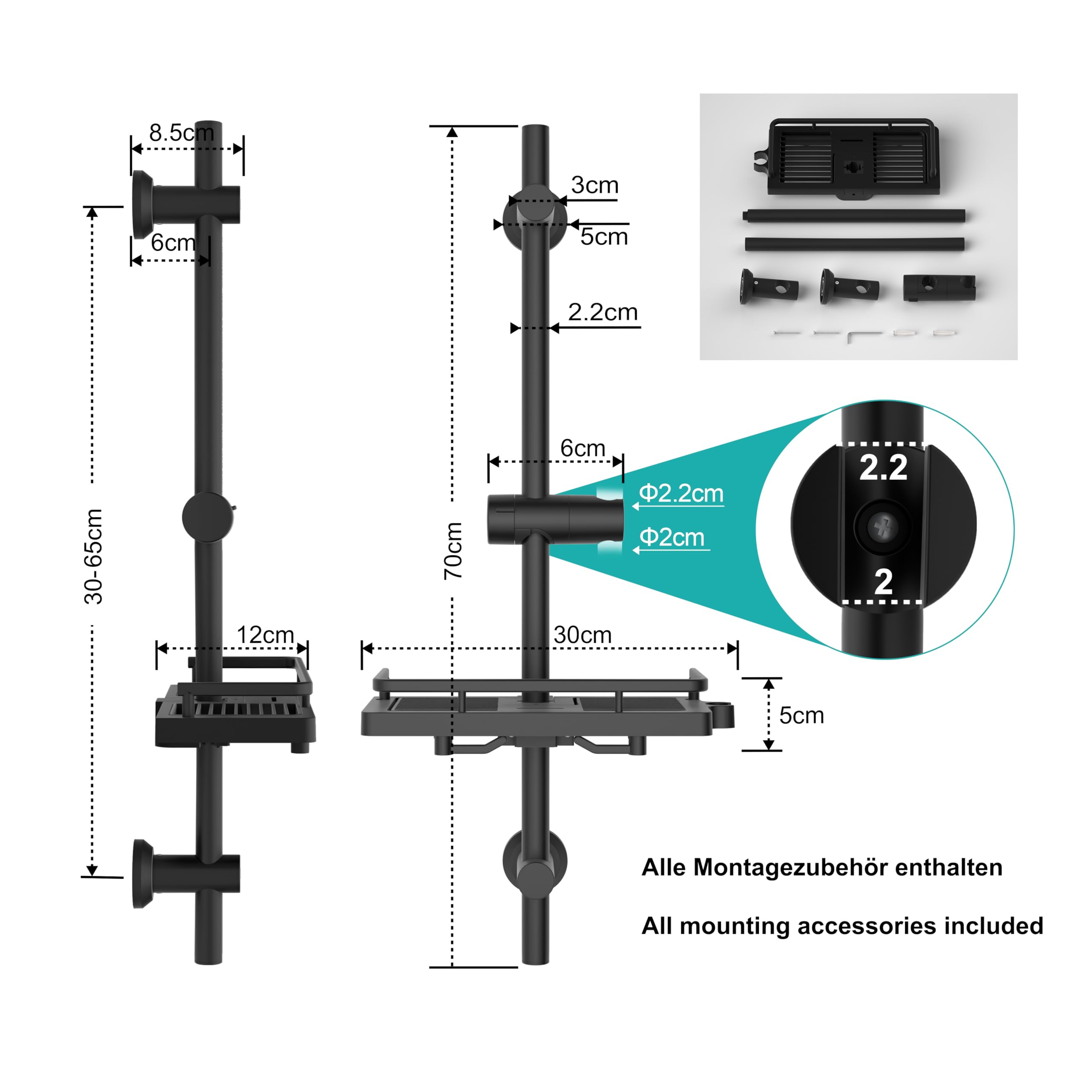 JOHO Barre de douche en acier inoxydable avec support de douchette et fixations murales réglable compatible trous existants, colonne de douche 70 cm avec étagère noir
