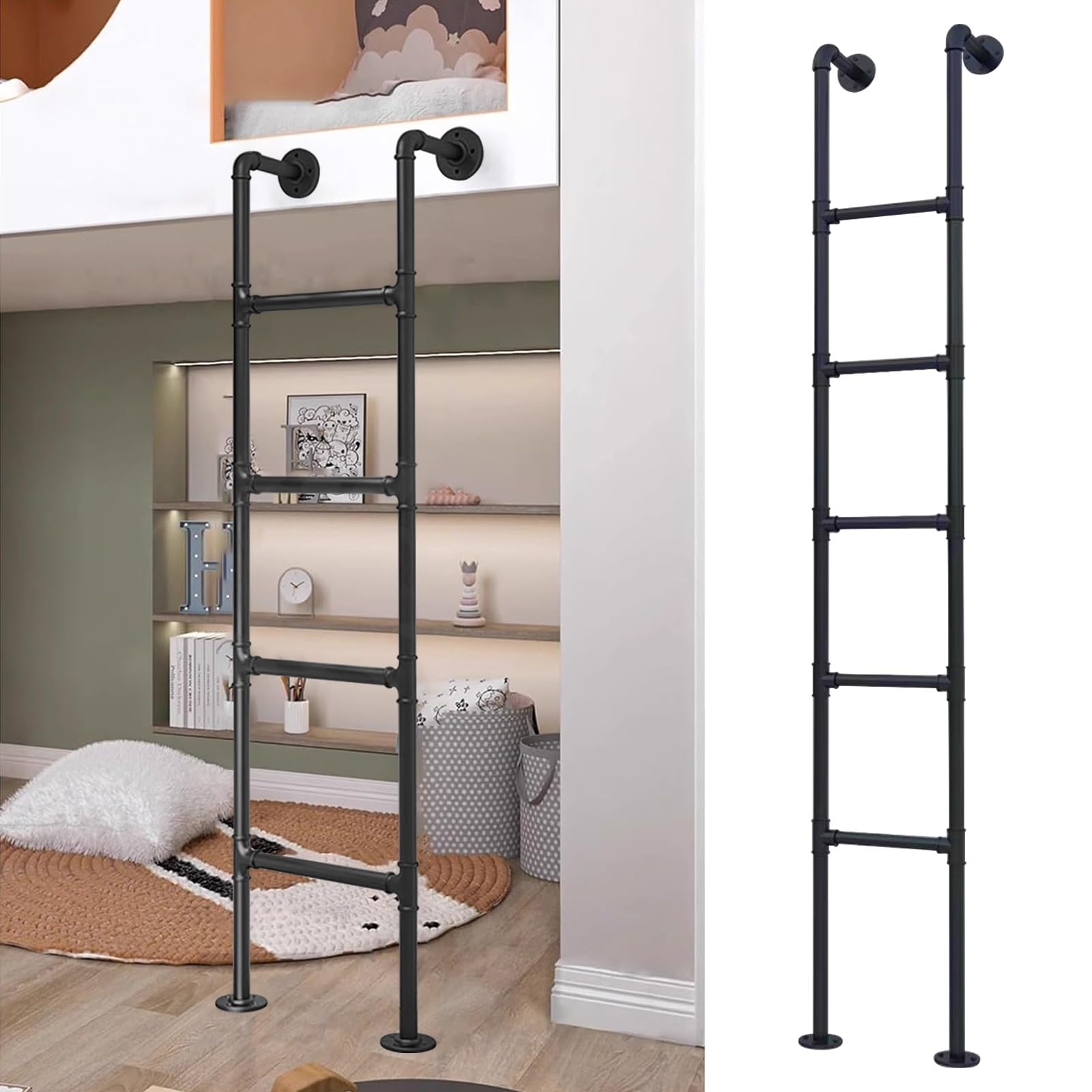 Wall Fixed Ladder, Metal Bunk Bed Ladder, Heavy Duty Wall Mounted Wrought Iron, 100-300cm(115cm/45in)