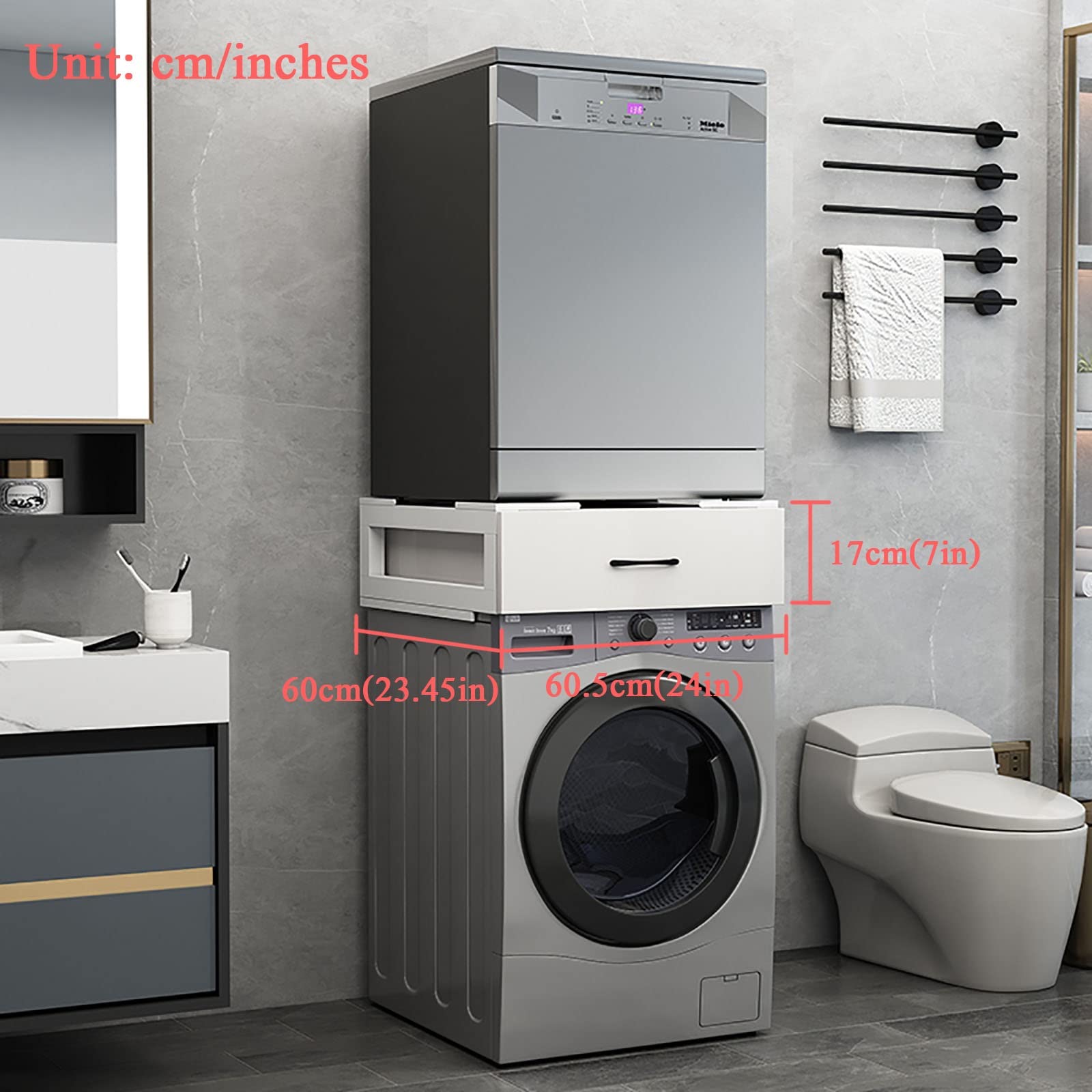 Universell Stapel/verbindungsrahmen Für Waschmaschine Und Wäschetrockner, Zwischenbaurahmen Mit Ausziehplatte Aus Kunststoff Zwischenbausatz Mit Auszug Als Ablage Für Wäschekorb