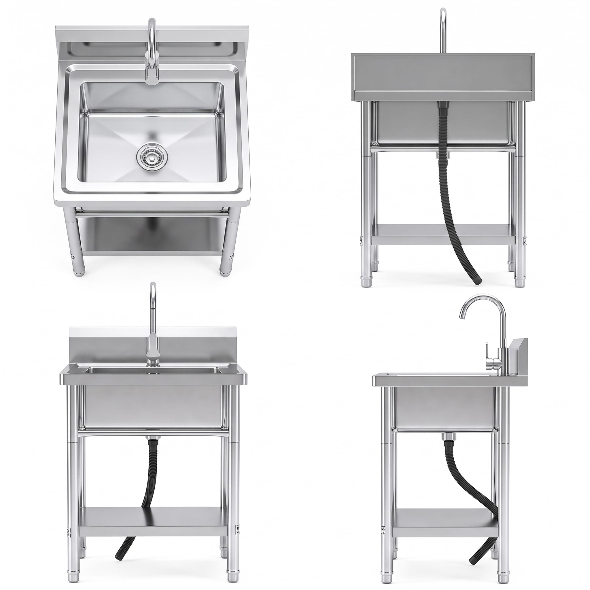 RiveraSink Fregadero Inox Autoportante 50x50 cm 1 Cubeta Exterior | Acero Inoxidable, Salpicadero Trasero, Grifo Incluido, 1 Cubeta Amplia, Patas Regulables, Kit de Desagüe, Uso Exterior