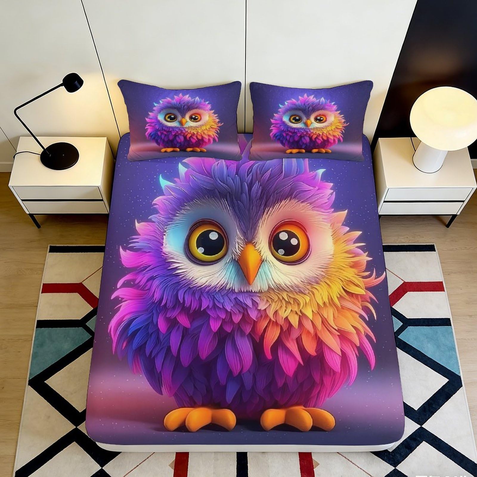 3D Printed Colorful Owl Fitted Sheet Microfiber Soft Breathable Vibrant Bird Bed Cover for Bedroom Dormitory Guest Room Mattress Protection Decor 120x200x25cm