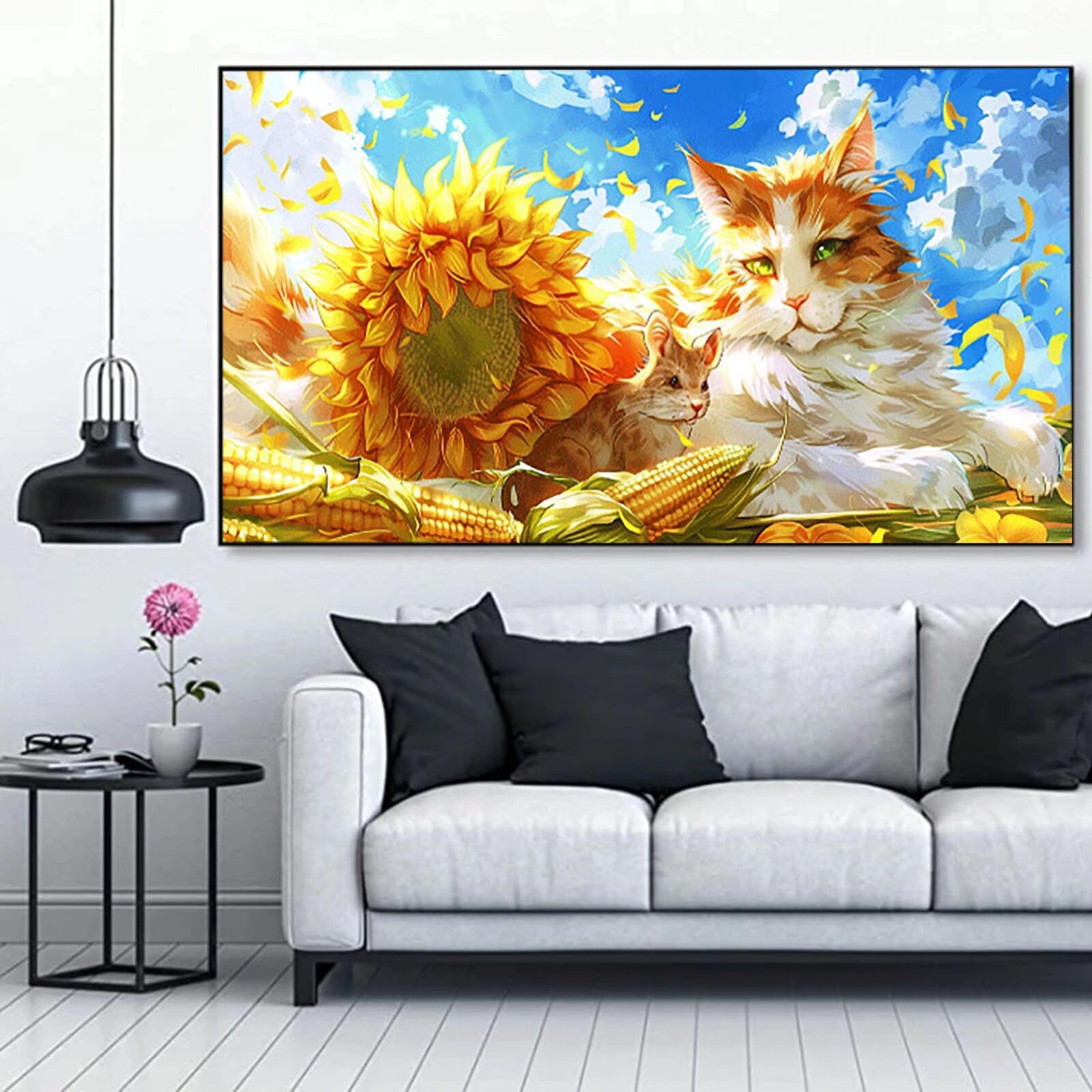 Pintar por Numeros Adultos, DIY Pintar por Numeros Girasoles Manualidades Adultos con Pinceles, Pigmento Acrílico, Pintar por Numeros Niños Gato para Decoración el Hogar Regalo, con Marco 40x80cm T-Z