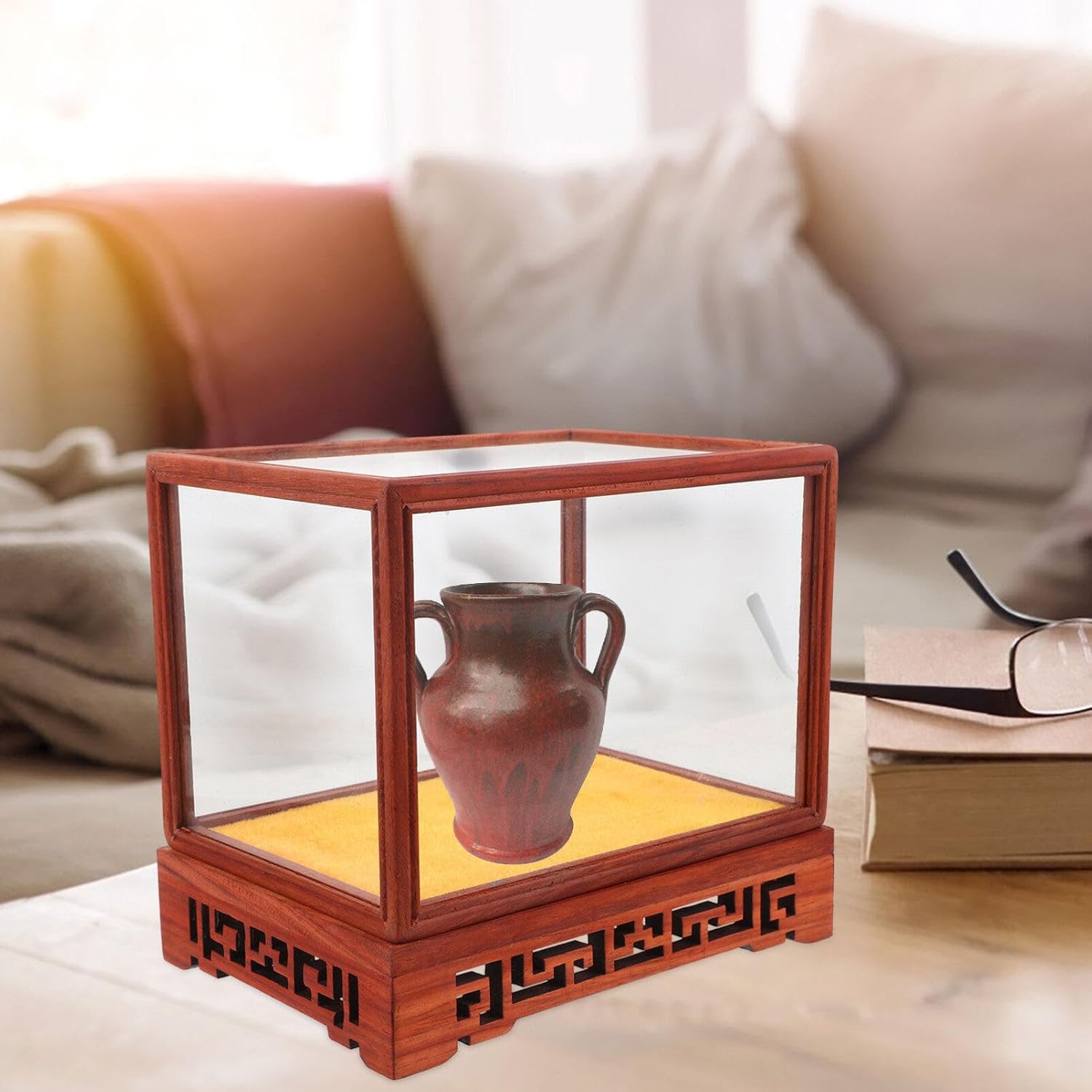 VOSAREA Clear Glass Dome Cloche with Rustic Wooden Base Rectangular Antique Display Shelf Wood Base Jade Display Shelf Figurines Bracket with Glass Dome 12 * 12 * 17cm