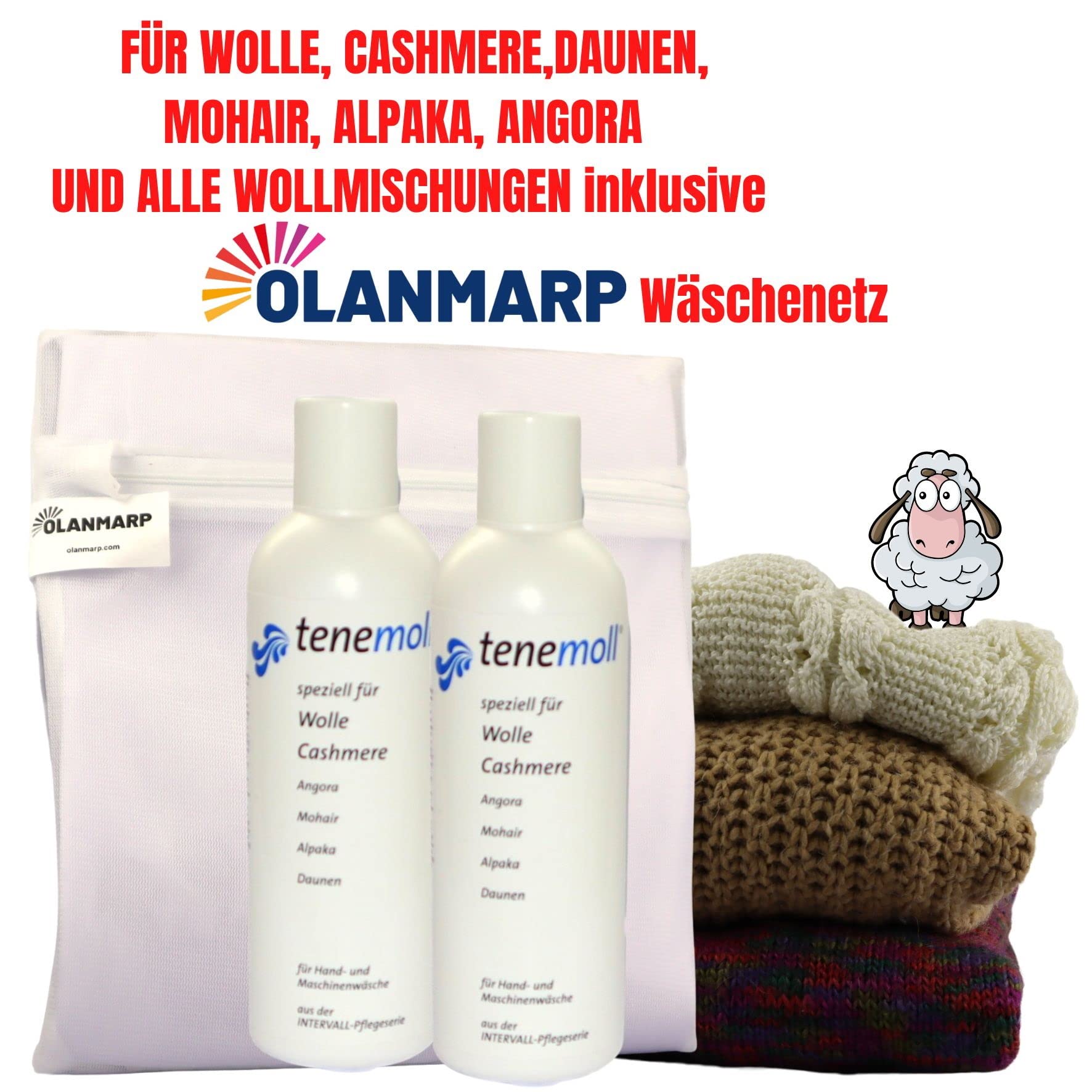 Detersivo lana concentrato Tenemoll liquido – con sacchetto per bucato Olanmarp, per lana e capi delicati, lavaggio a mano e in lavatrice, detersivo delicato (480ml)