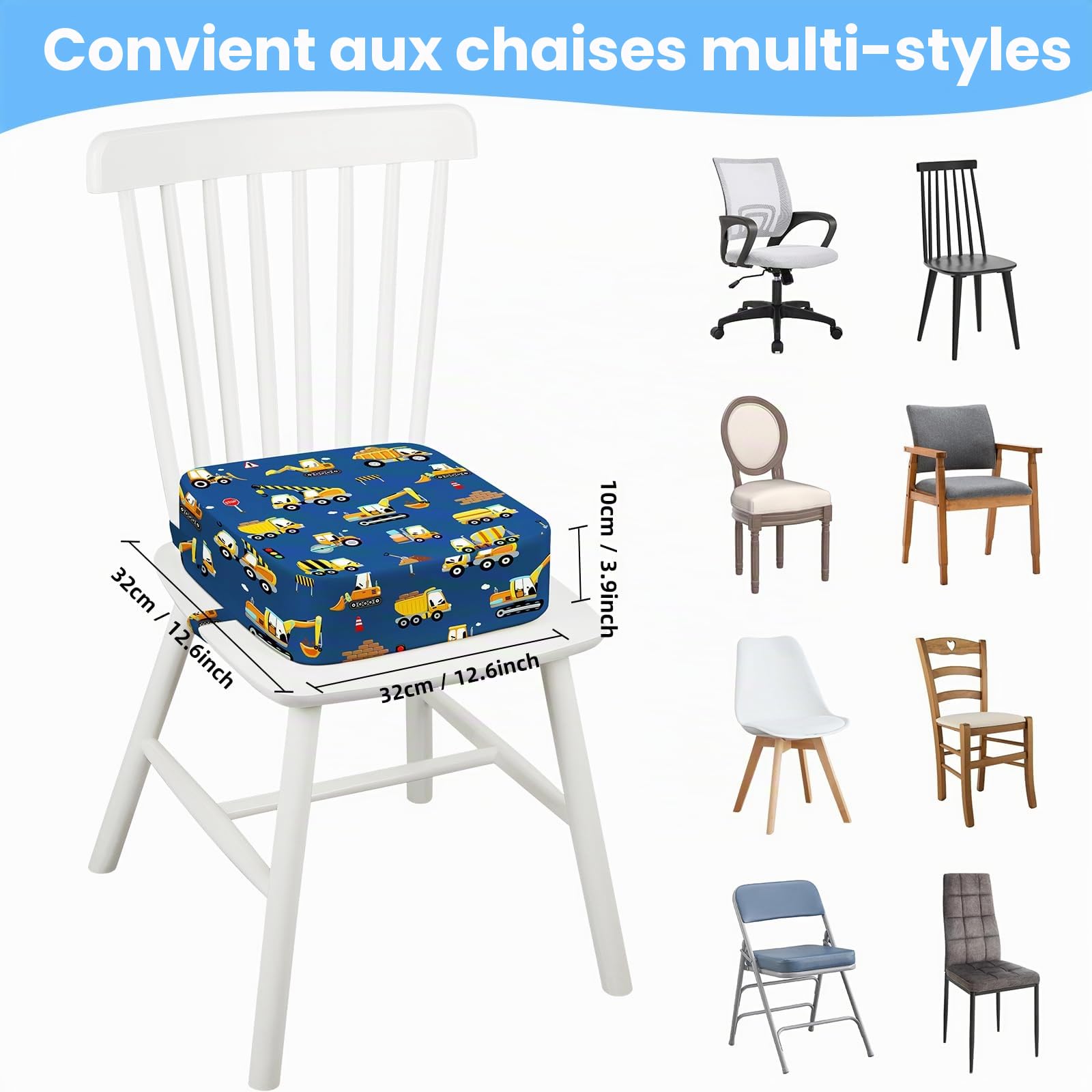 Rehausseur Chaise Enfant, Lavable Coussin Rehausseur avec 2 Sangles Réhausseurs pour Enfant 32 x 32 x 10 cm - Excavatrice
