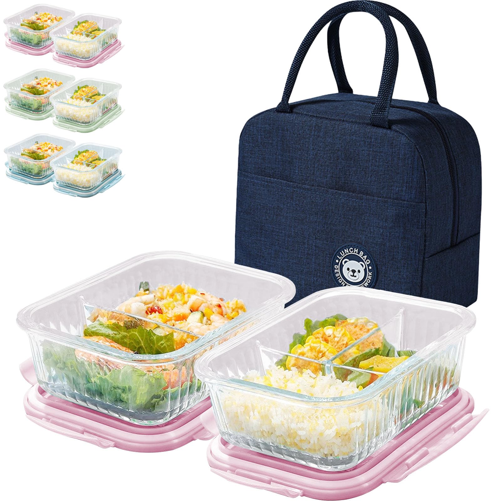 YumLock Glass Food Storage Containers with Lunch Bag, 3 & 2 Compartments, Meal Prep Container Microwave Safe with Lids - Pantry & Kitchen Storage, Lunch Containers for Kids & Adults, Bento Box, Pink