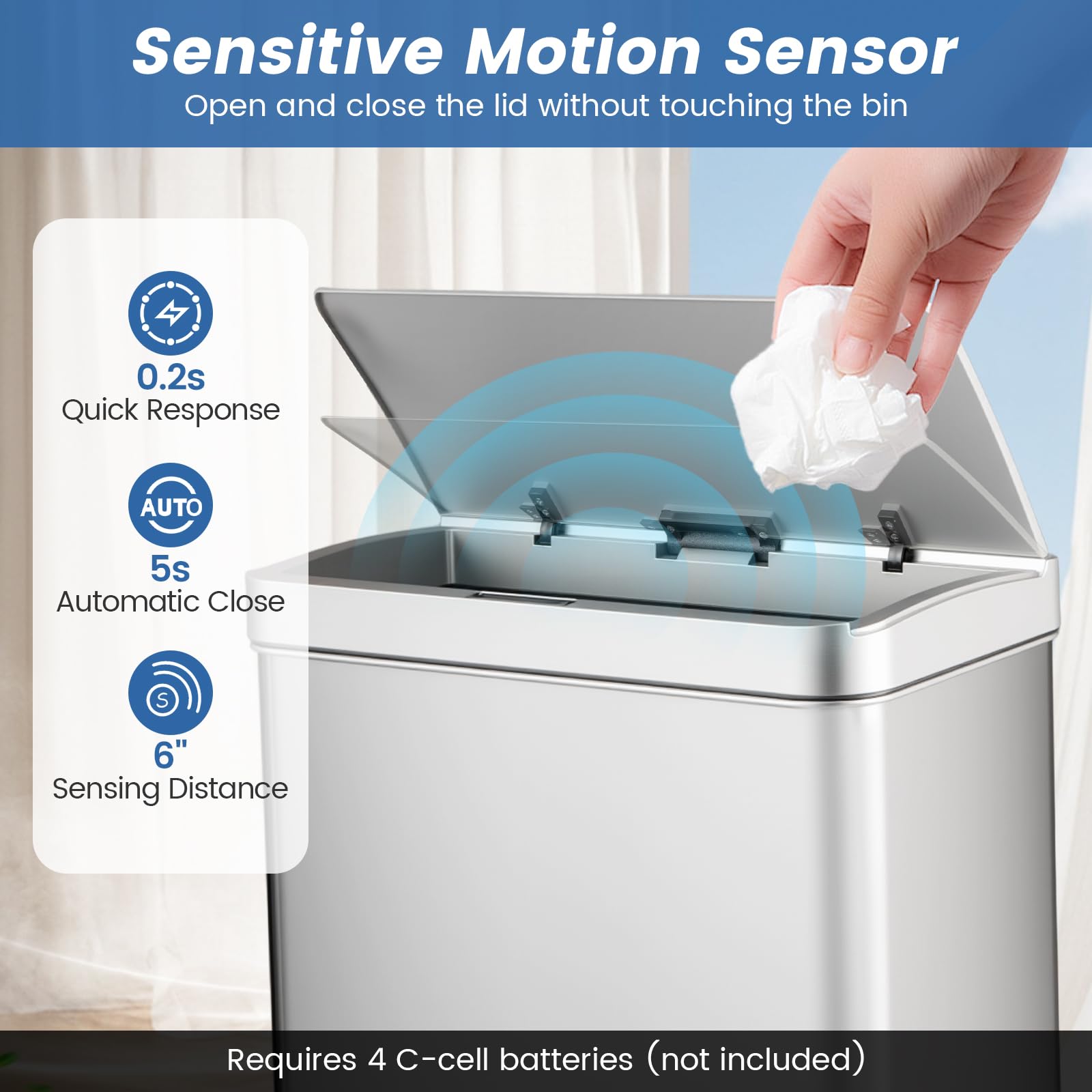 GIANTEX Cubo de Basura de Cocina 56 L con 3 Compartimentos, Papelera de Acero Inoxible con Sensor de Movimiento, Control Táctil, 2 Cubos Extraíbles y Tapa Abatible, Basurero de Reciclaje (Plata)