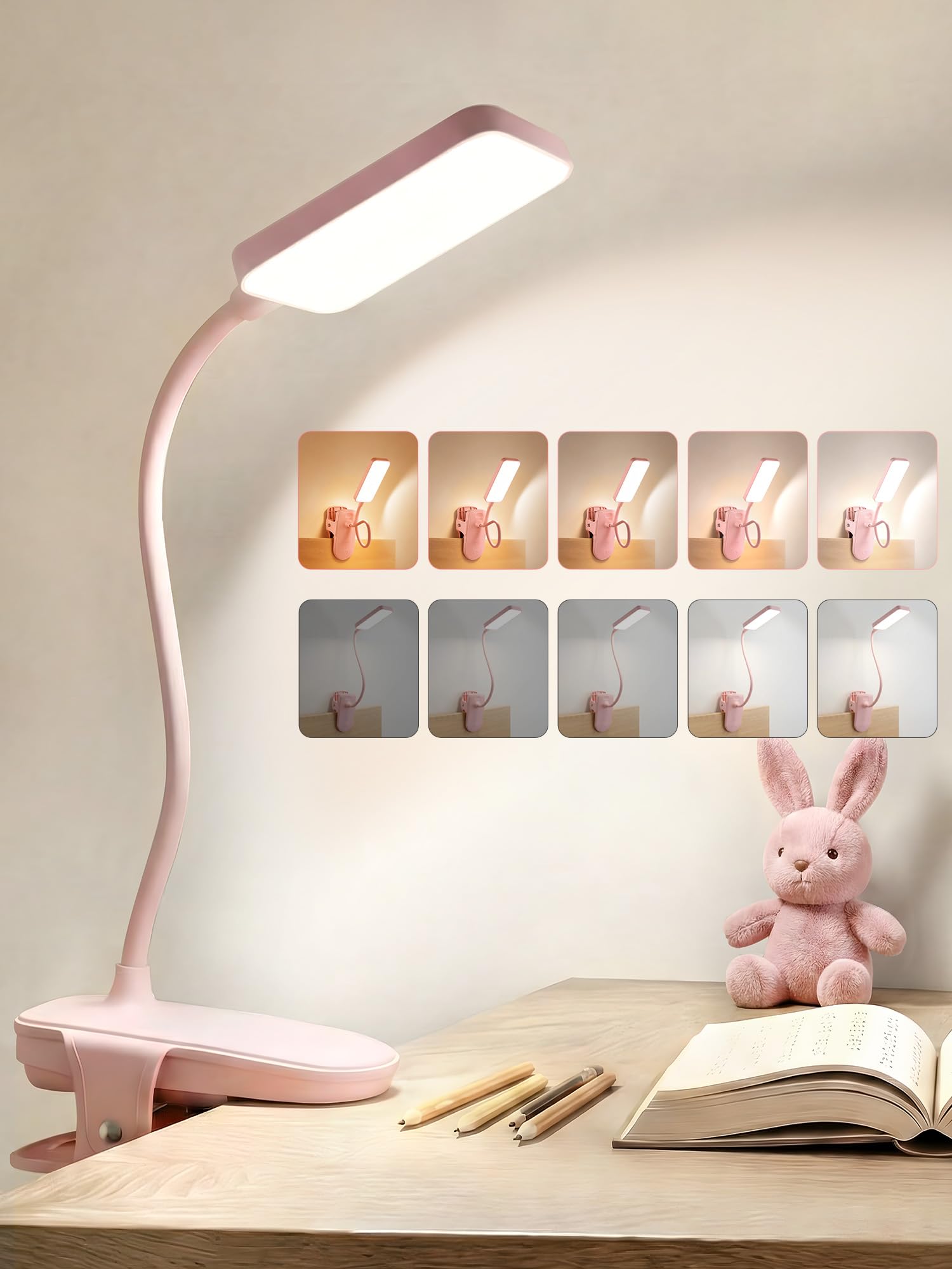ReinHoo Pink Lamp for Girls Bedroom,9 Brightness+5 Color Clip on Light,4000mAh Battery Rechargeable Desk Lamp Cute Lamp for Kids Room,Cordless Clip on Reading Light for Bed/Headboard/Bedside Table