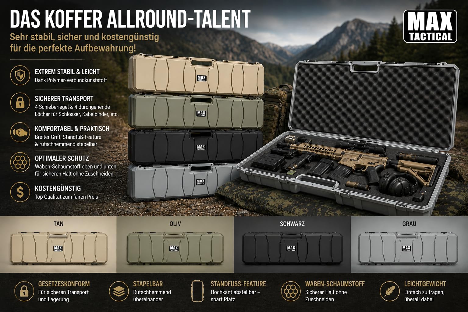 Hard-Case Waffenkoffer – Robuster Polymer-Koffer mit Schaumstoff-Inlay, stapelbar & abschließbar – für Gewehr & Pistole