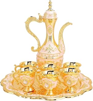 Vintage Turkish Coffee Pot Set, Turkish Tea Set with 6 Coffee Cups, Golden Wine Decanter and Glasses Set, Turkish Copper Coffee Cup Set for Home Tea Party(Pink) Tea