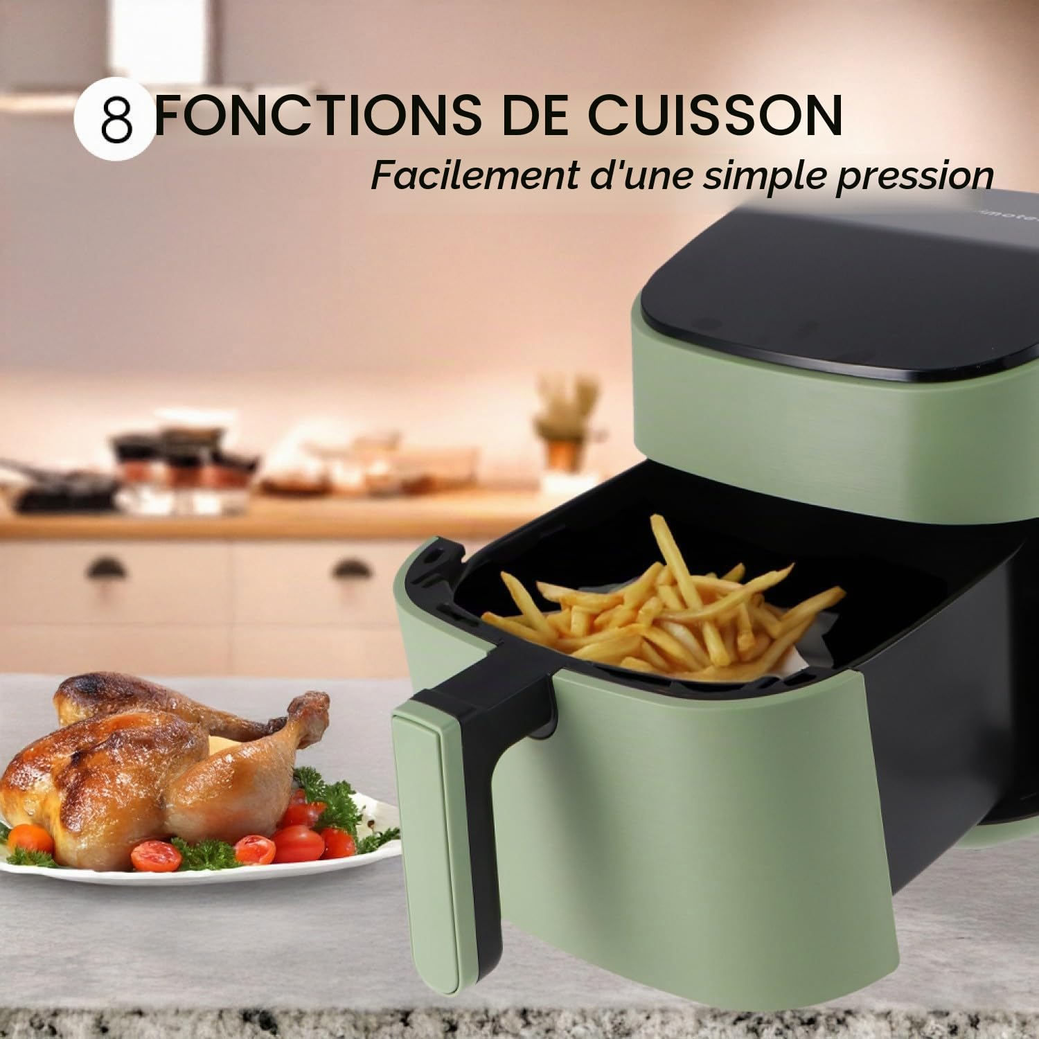 M mimotec – Air Fryer Green Sara Touch 6,5L, Friteuse à Air sans Huile, 1600W, 8 Menus Digitaux, Écran Tactile, Fonction Grill, Minuterie Réglable, Température 80-200°C, Cuisine Facile et Saine