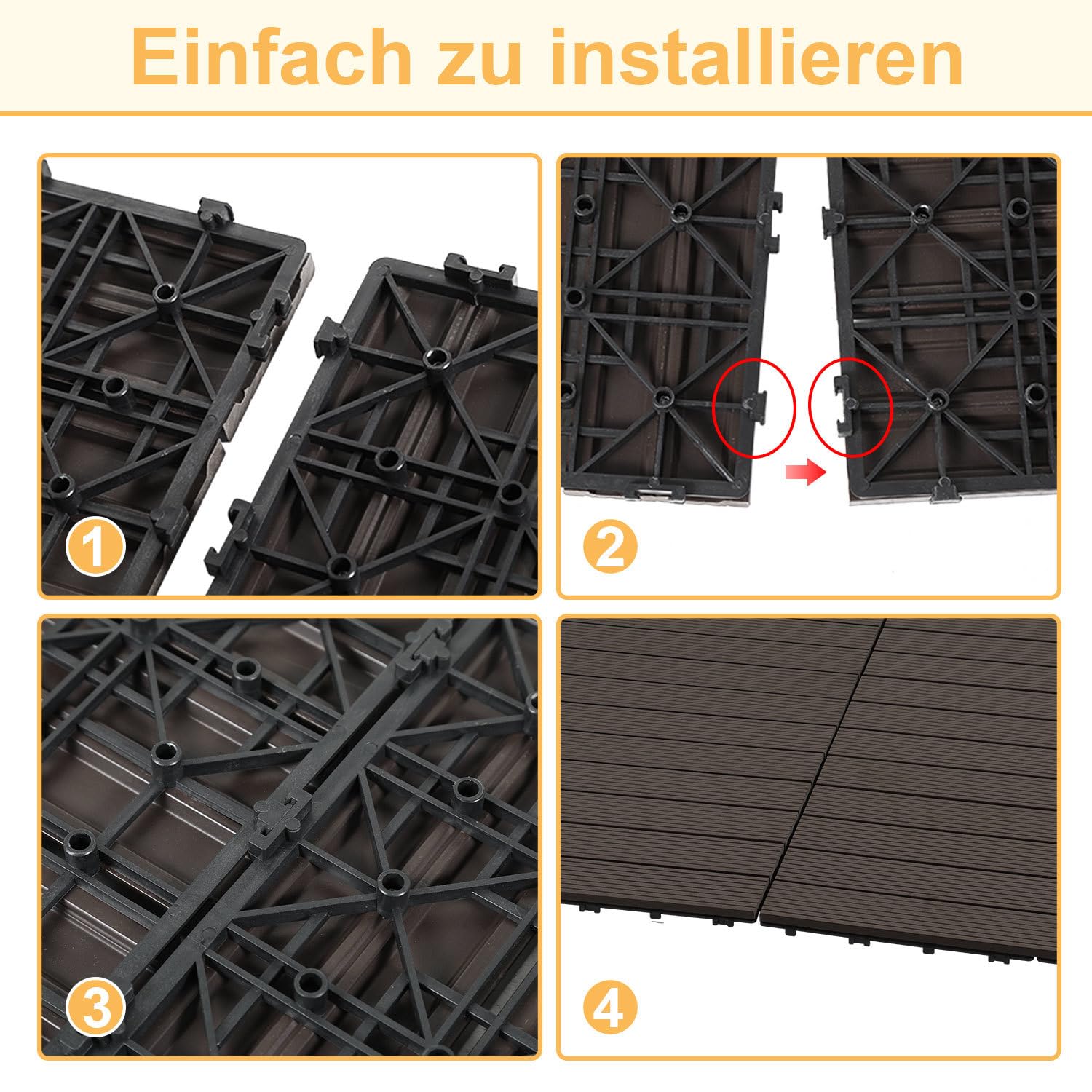 Płytki WPC 60 x 30 cm, 12 sztuk / 2 m², brązowe, płytki tarasowe, system na klik, płytki o wyglądzie drewna, płytki na klik, na taras, balkon, kolor: brązowy
