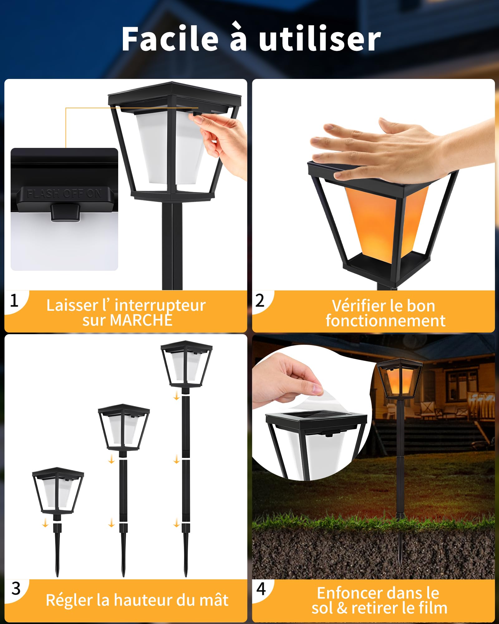 Lot de 6 Lampes Solaires Extérieures Effet Flamme IP65 Sans Fil