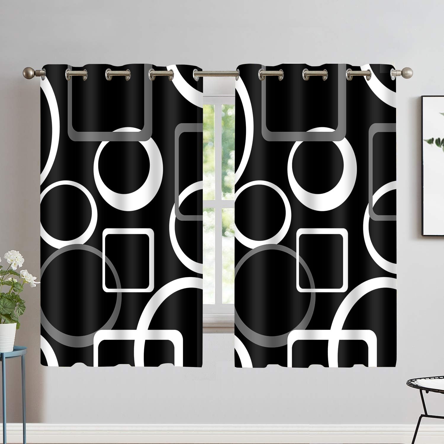 Abstract Modern Blackout Curtains Black White Gray Geometric Boho Circle Aesthetic Curtain Minimalism Neutral Vibrant Color Retro Window Drapes for Bedroom Living Room Kitchen Cafe 2 Panels, 42x63in