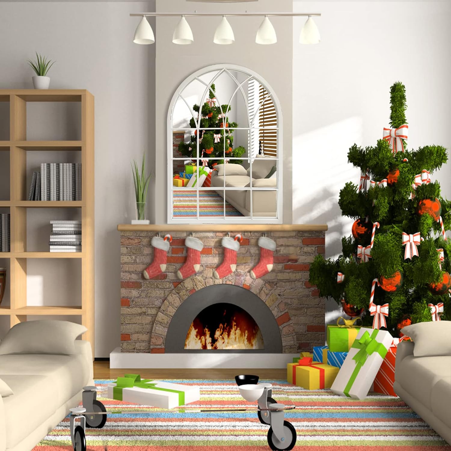 Arched Window Wall Mirror, Cathedral Style, Distressed White, 35 Inch Farmhouse Grid Windowpane Mirror for Living Room Fireplace Entryway Bedroom Bathroom