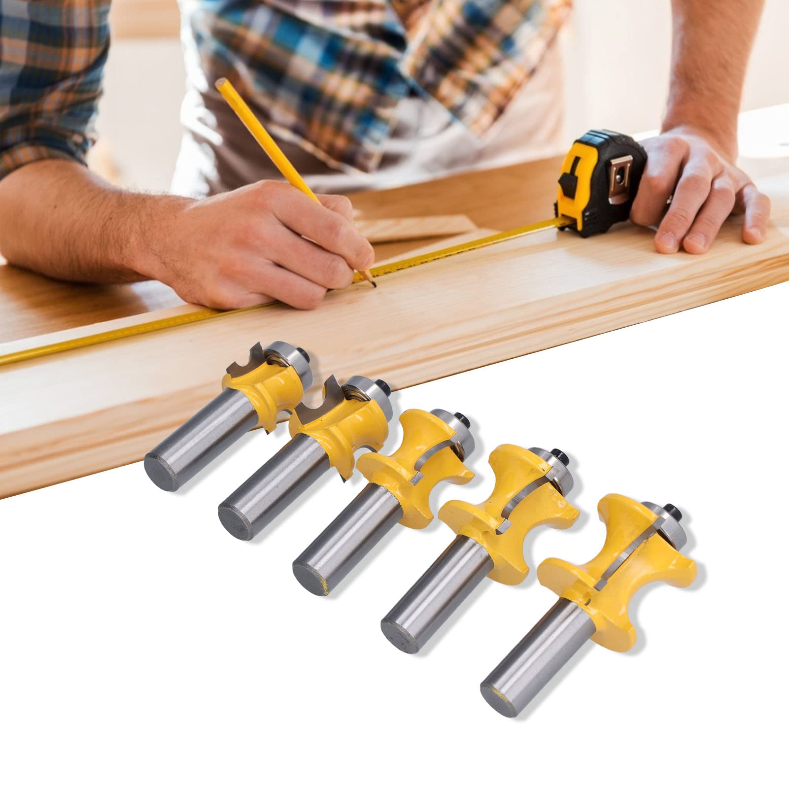 DingGreat 5 Stks 1/2 Inch Schacht Half Ronde Lager Bullnose Router Bits, 1/4 3/8 1/2 5/8 3/4 Bullnose Router Bit Set Houtbewerking Frees Tool