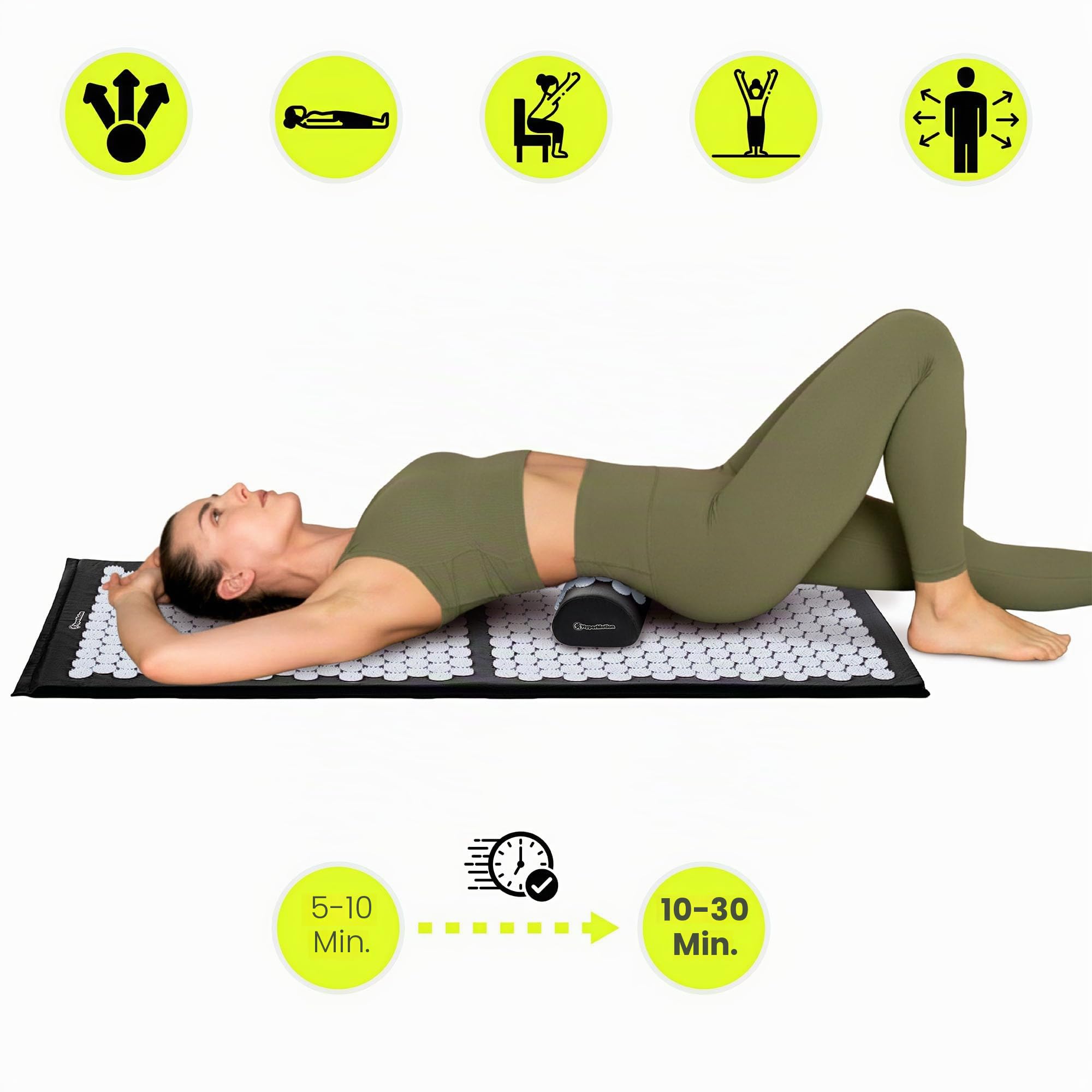 HyperMotion Akupressurmatte mit Kissen - Akupunktur Matte - Massagematte Ganzkörpermassage und Regeneration, Akupressurmatte Set für Entspannung Schwarz-Weiß, 130 x 50 x 2 cm