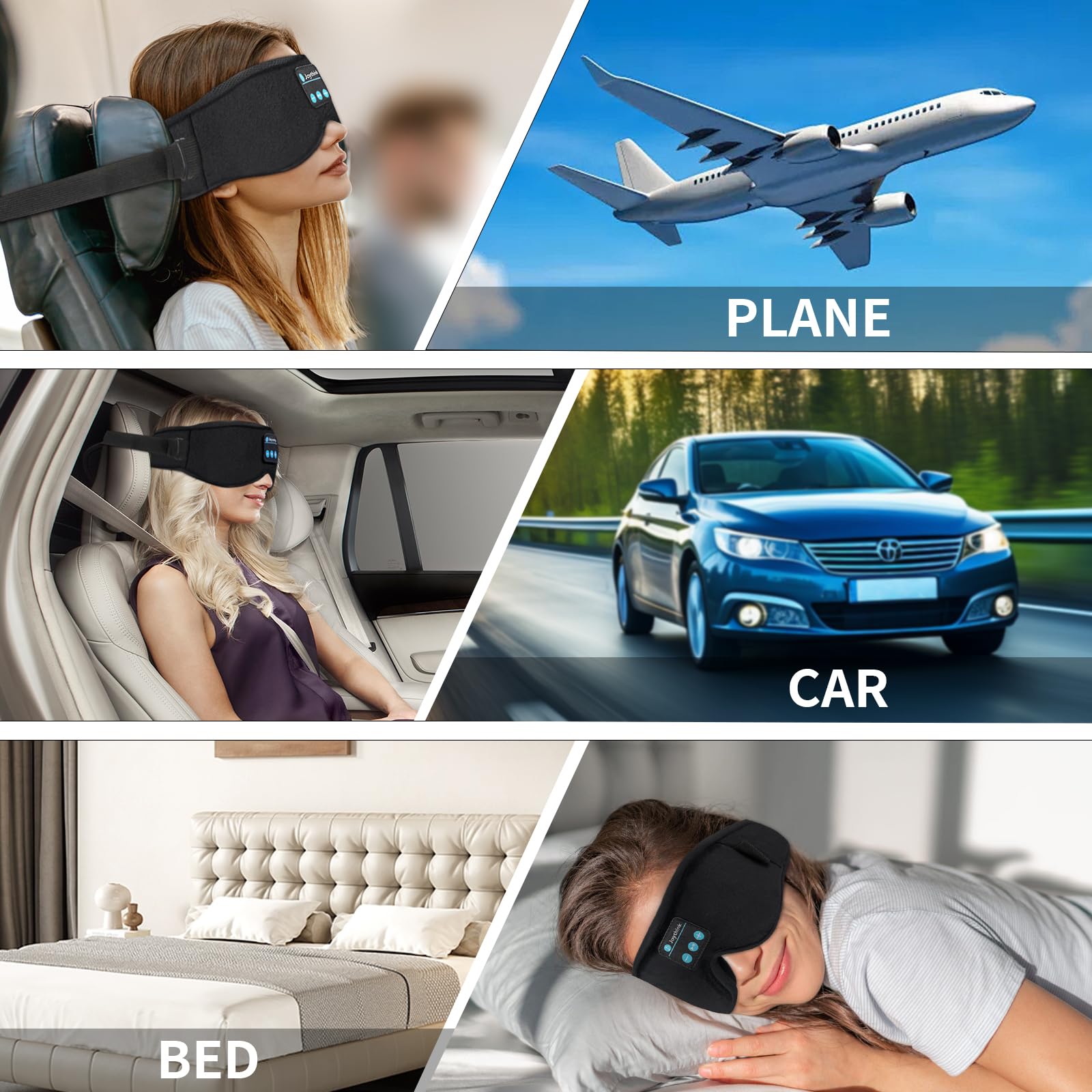 Joythink Auriculares para dormir, máscara de dormir Bluetooth con altavoz, máscara para dormir en coche, auriculares inalámbricos, accesorios de viaje para vuelos largos
