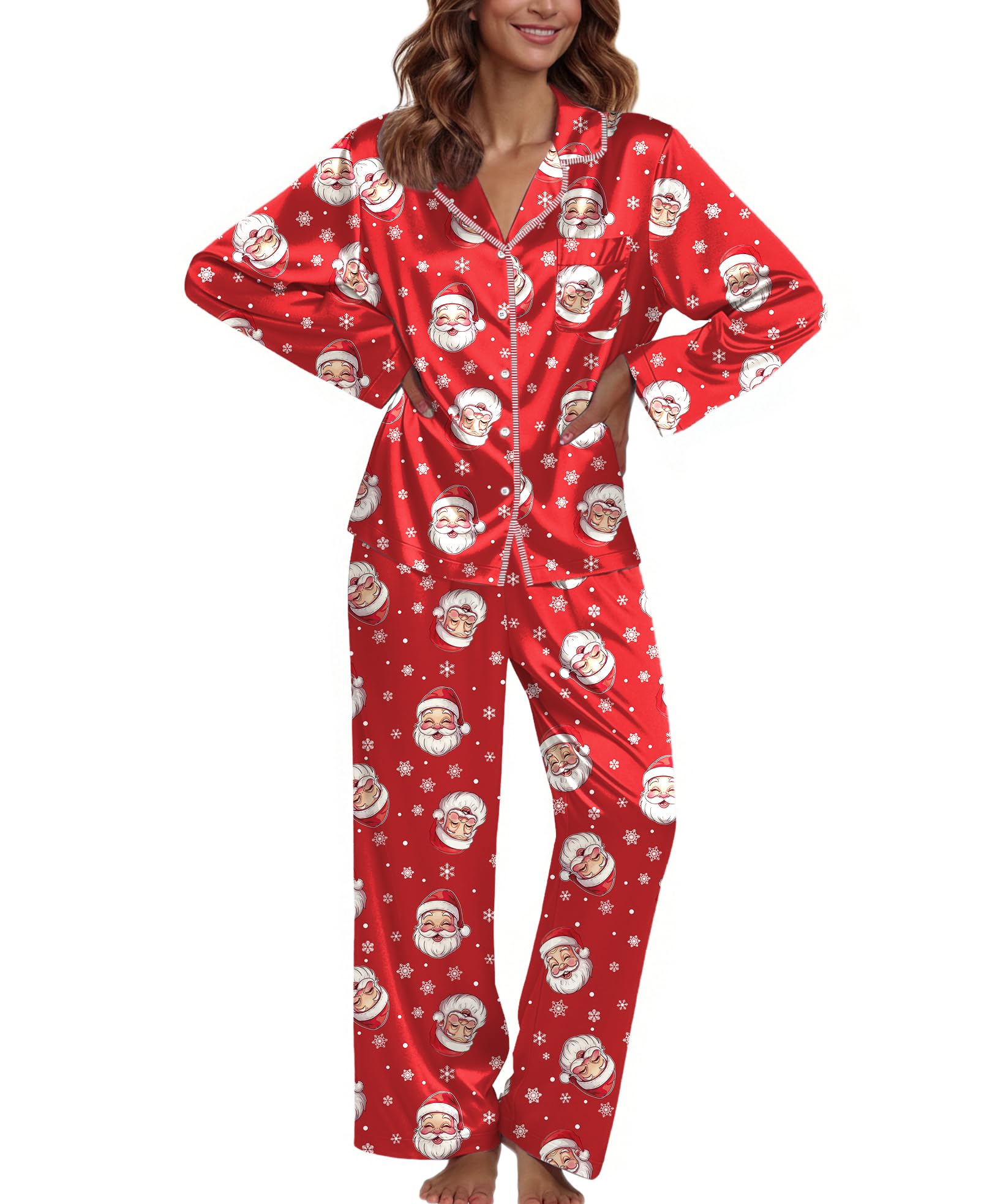 Ekouaer Pajamas For Women Set Silk Pjs 2 Piece Satin Sleepwear Long Sleeve Button Down Lounge Sets With Pant Red With Santa Claus Small