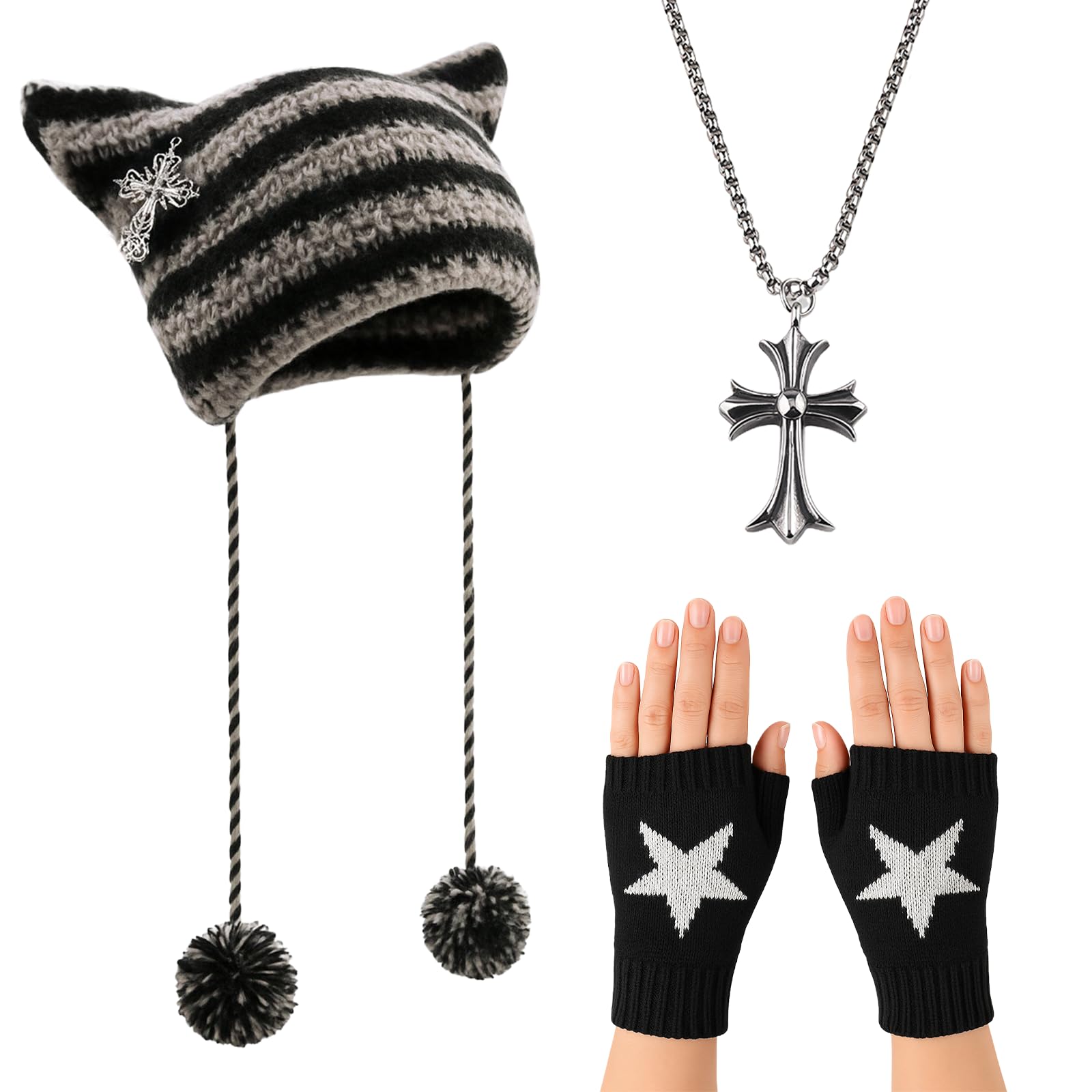 GWAWG Stripes Grunge Beanie,Fingerless Star Printed Gloves,Fox Cat Ear Goth Crochet Knitted Hats for Women,Y2K Accessories