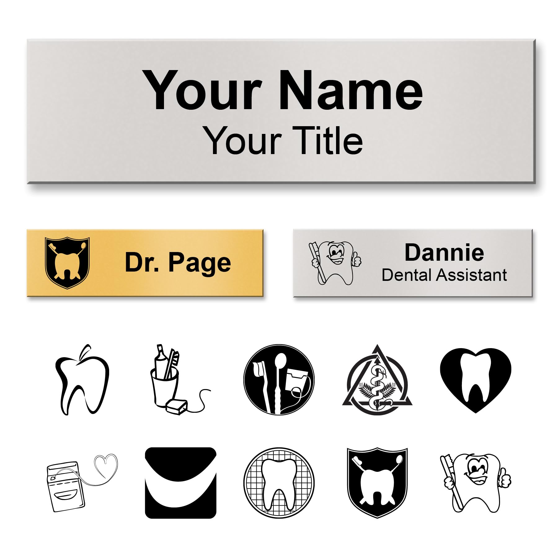 Custom Metallic Engraved Rectangular Name Tag with Magnet, Two Lines Personalized, Choice of Color & Dental Logo Name Badge