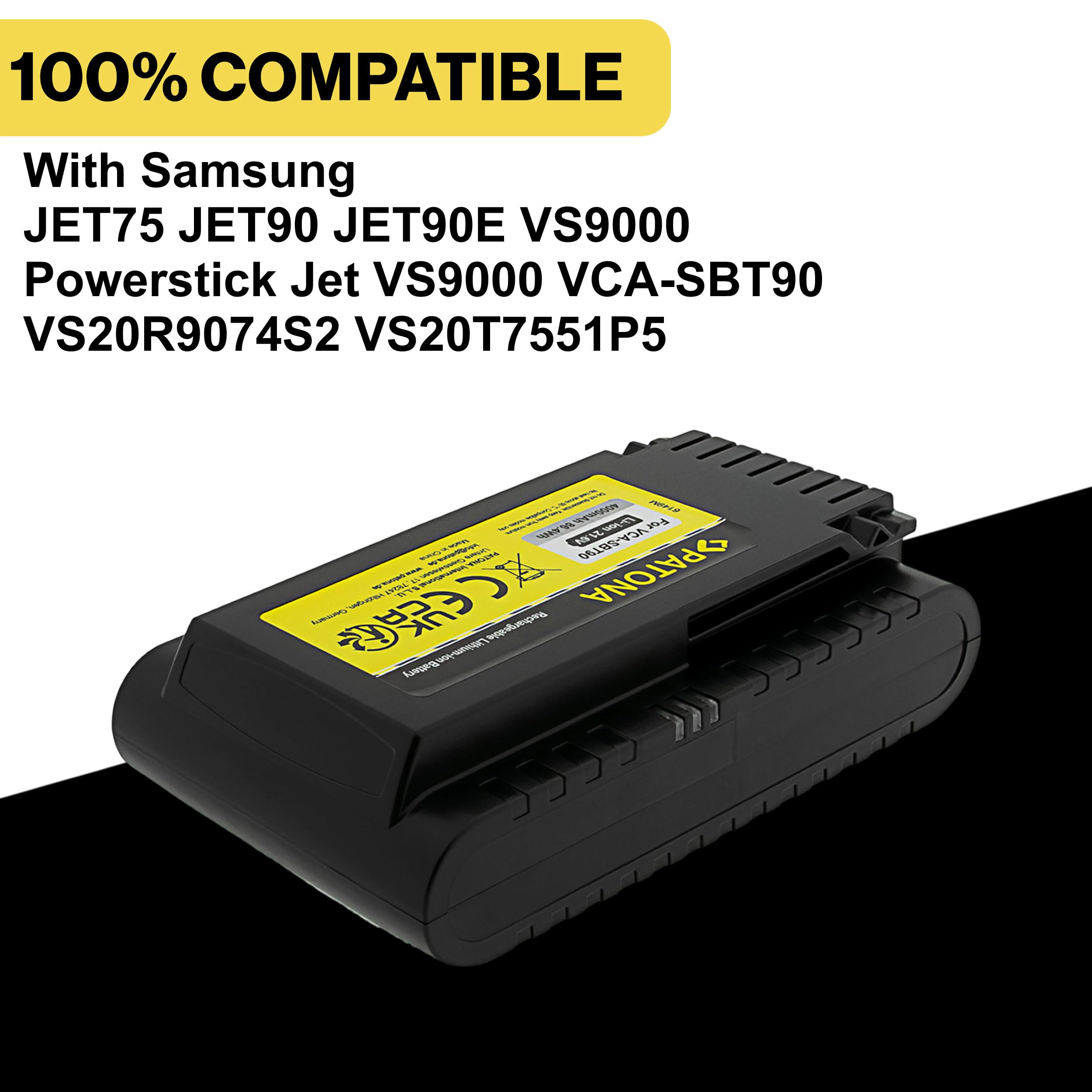PATONA Batteria 21,6V 4000mAh per Samsung Powerstick Jet – sostituisce VCA-SBT90 – per Jet 75, Jet 90, Jet 90E, VS9000, VS20R9074S2, VS20T7551P5 – pulizie complete senza ricariche intermedie
