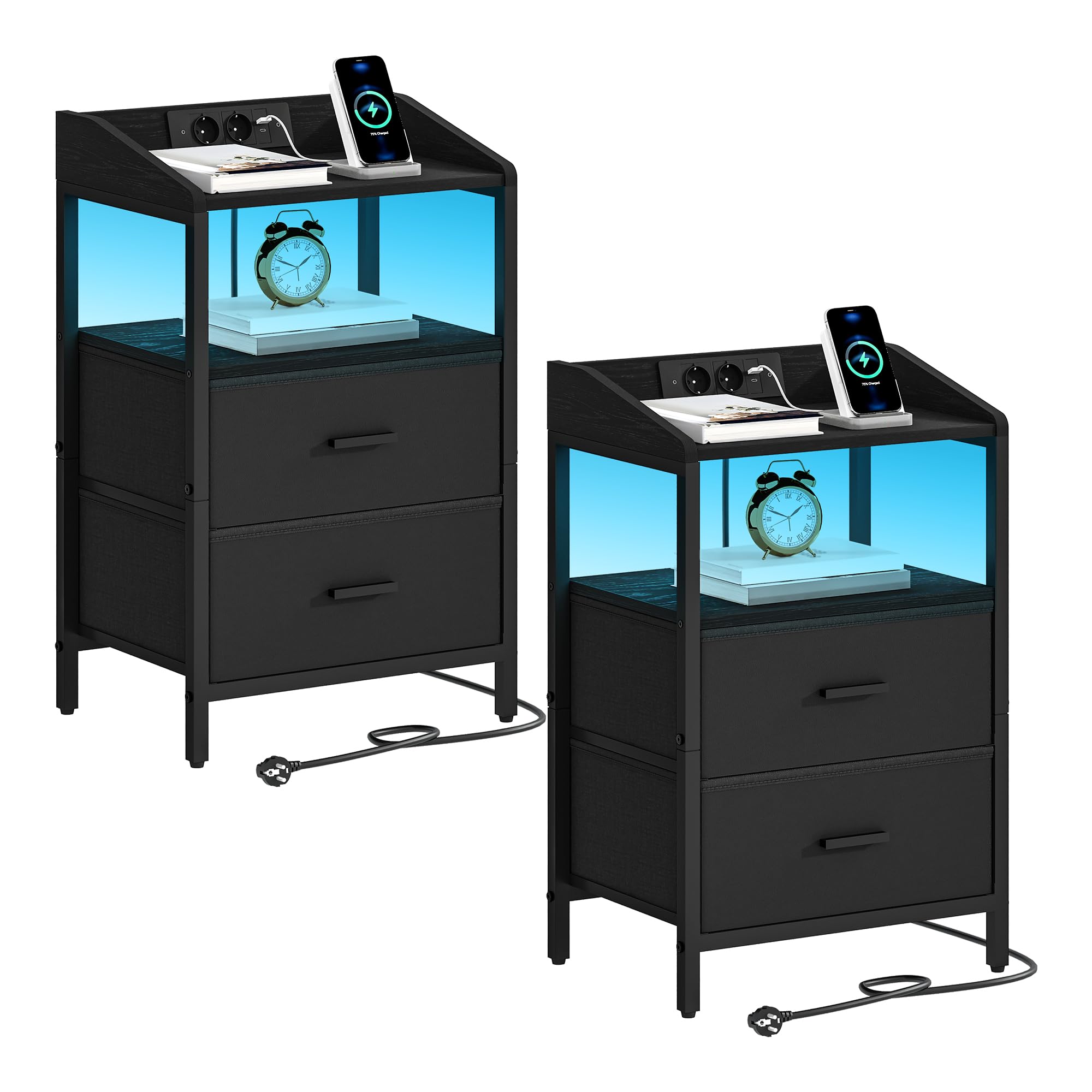 Hzuaneri Mesita de Noche Juego de 2, con Luces LED y Estación de Carga, Mesa Auxiliar Moderna con Puertos USB y Tomas de Corriente, con Estante Abierto para Dormitorio, Sala de Estar, Negro NS36204B