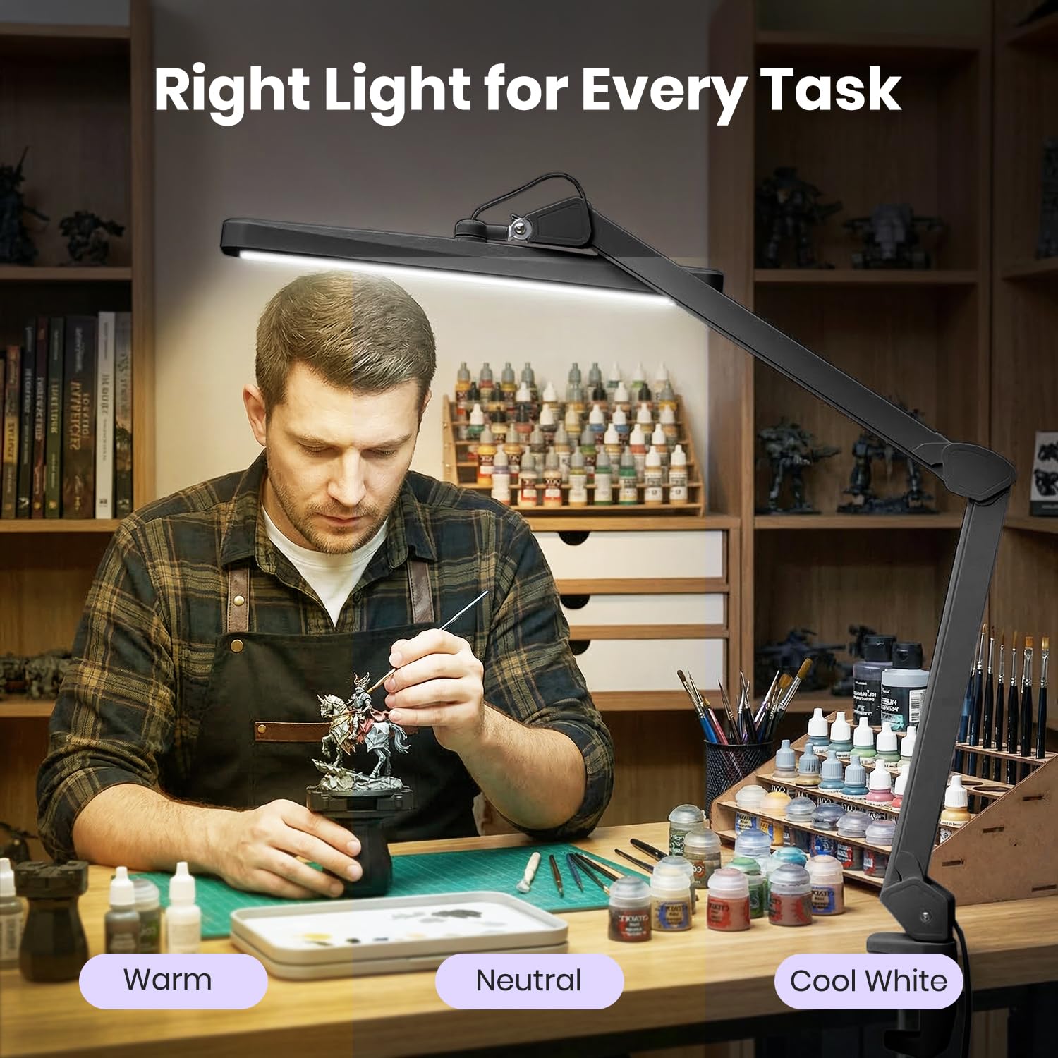 Neatfi XL 2.500 Lumen 30W LED-Arbeitslampe – 56 cm breiter Lampenkopf | 324 SMD-LEDs | 5 Lichtmodi | 3000K–6000K | Dimmbar | Schreibtischlampe für Zuhause & Büro (Schwarz, CCT mit Klemme)