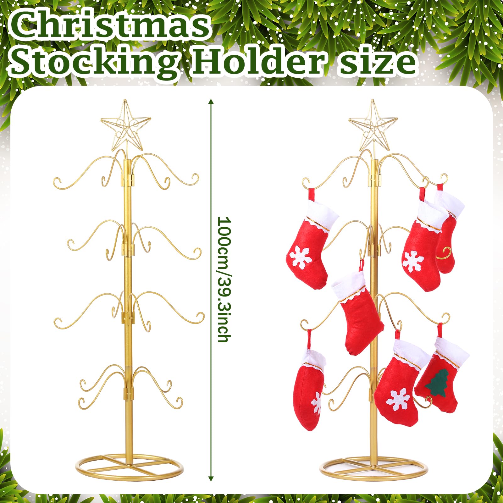 Blulu Support de sapin de Noël en métal de 99 cm avec crochet à suspendre pour décoration de Noël, vacances, fournitures de fête (doré)